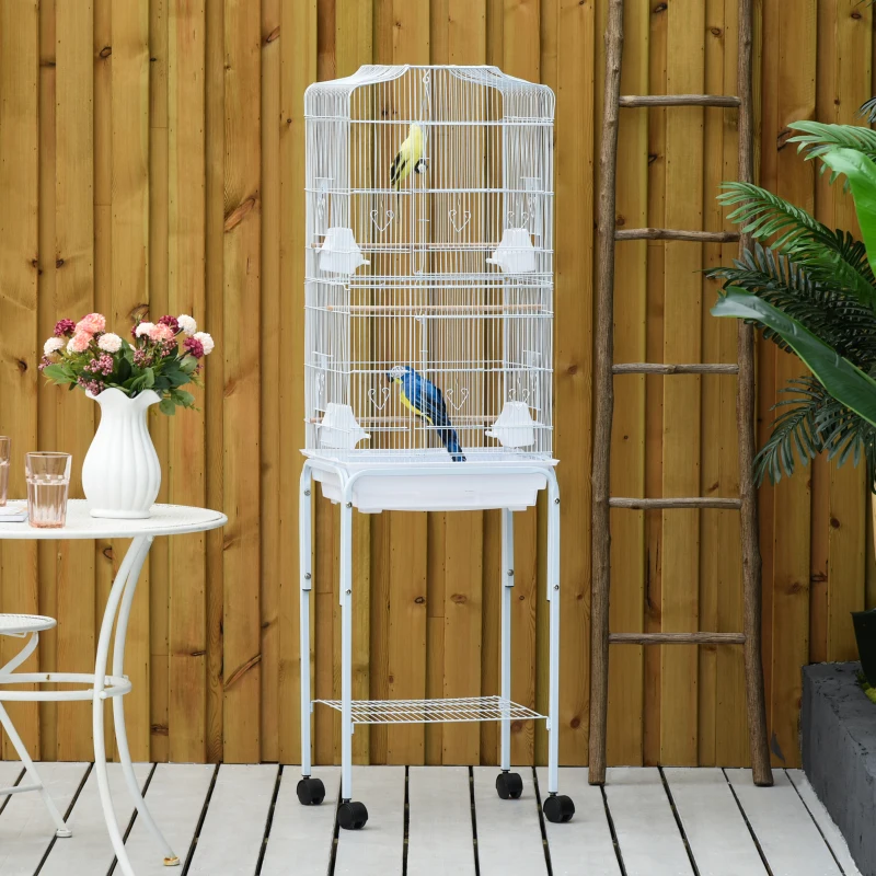  62" Rolling Bird Cage Cockatoo House Play Top Finch Pet Supply with Storage Shelf, Wheels - White