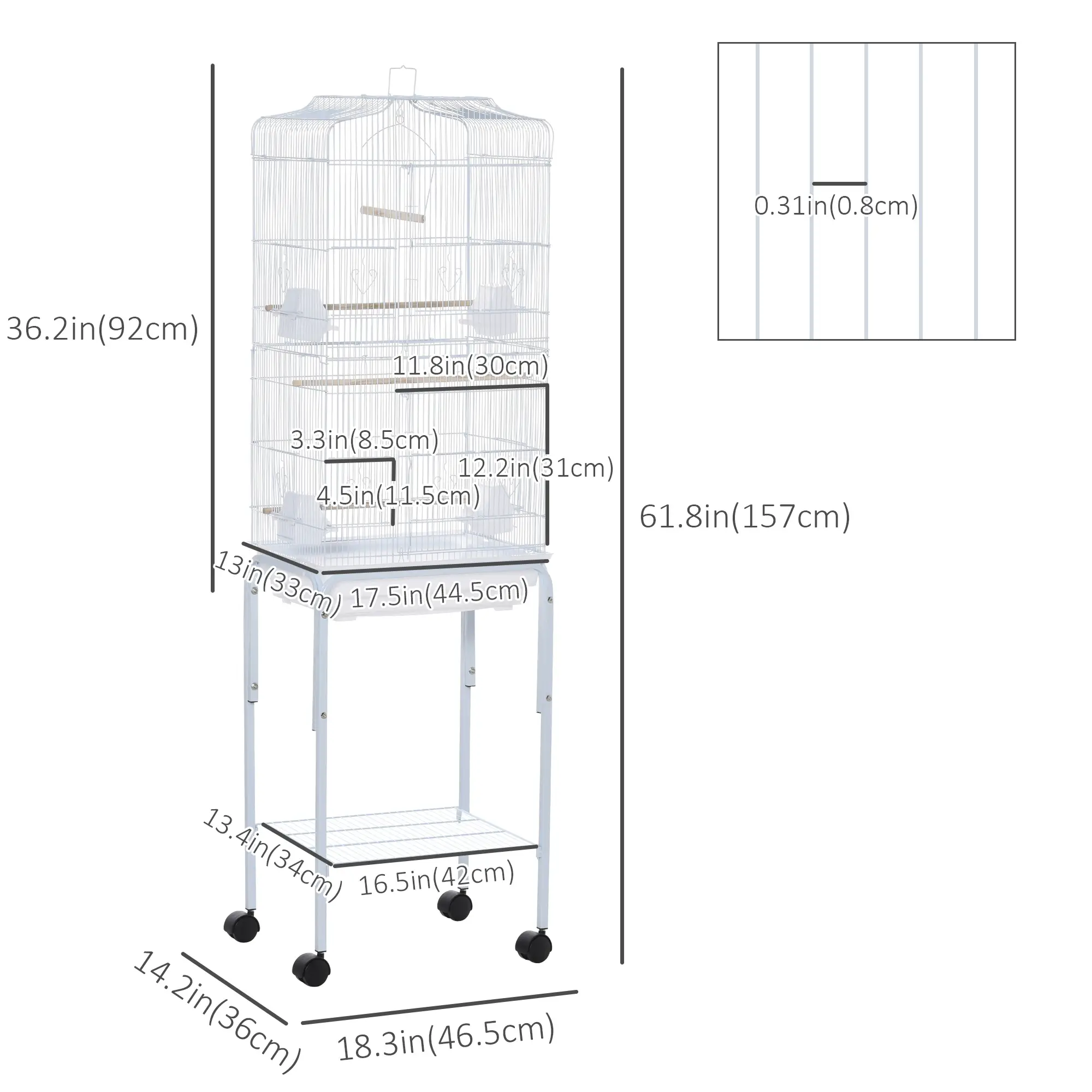  62" Rolling Bird Cage Cockatoo House Play Top Finch Pet Supply with Storage Shelf, Wheels - White