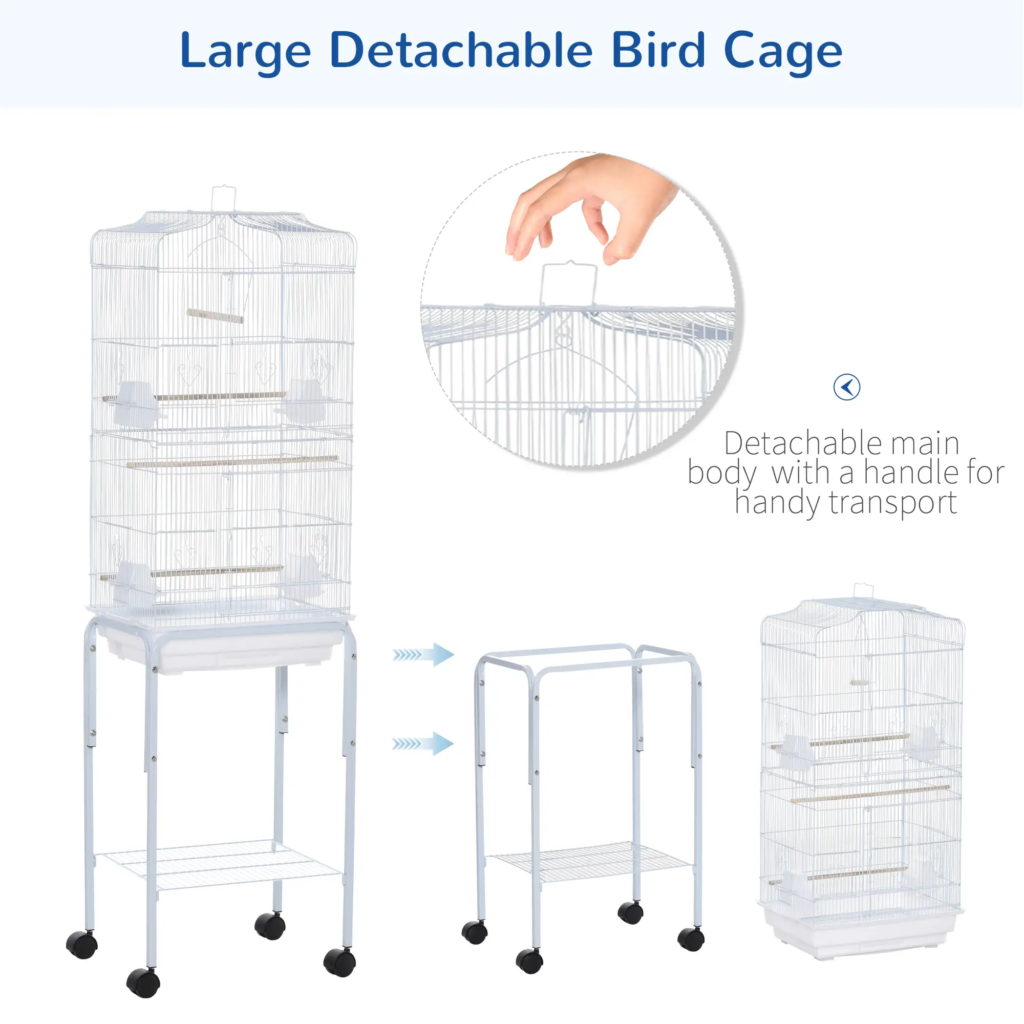  62" Rolling Bird Cage Cockatoo House Play Top Finch Pet Supply with Storage Shelf, Wheels - White