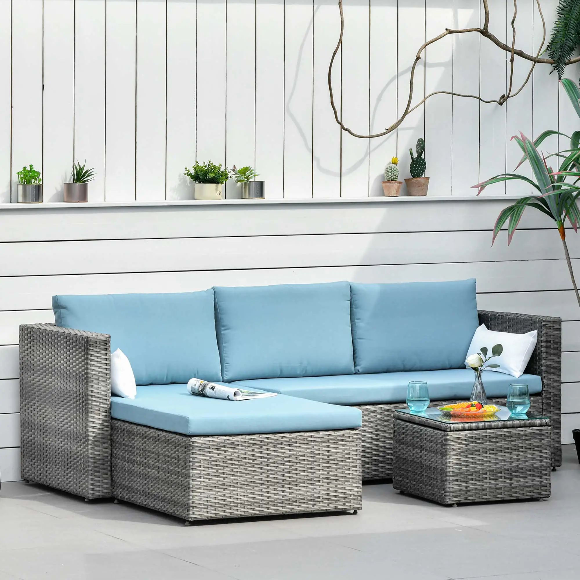  3-Piece Patio Furniture Set Modern Sectional Sofa Rattan Chair Wicker Conversation Set 