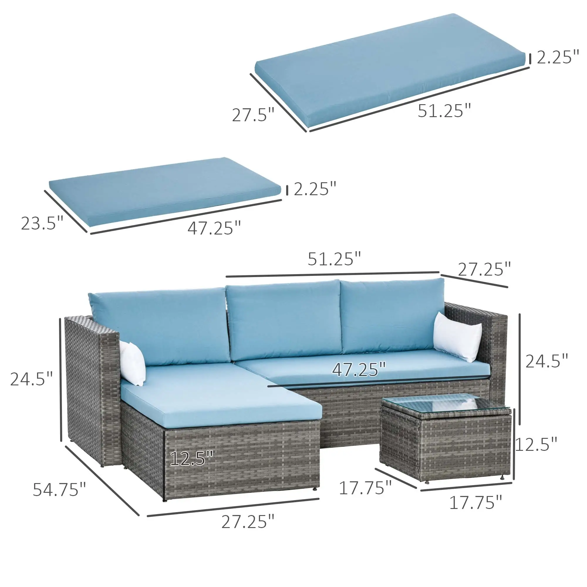  3-Piece Patio Furniture Set Modern Sectional Sofa Rattan Chair Wicker Conversation Set 