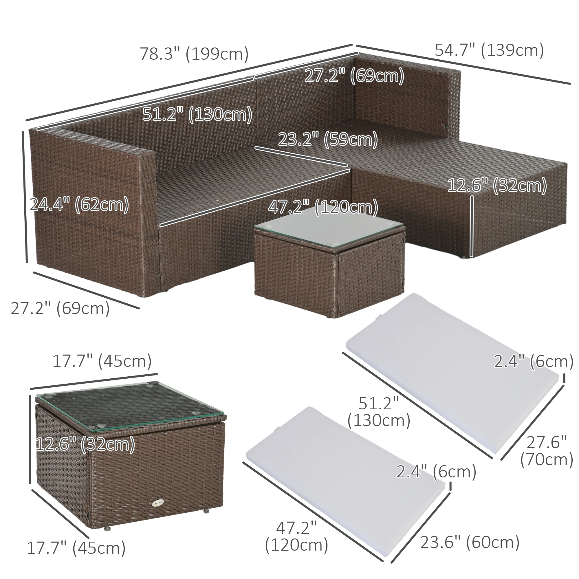 3-Piece Modern Rattan Sofa Set, Wicker Patio Furniture Set with Coffee Table, Cushions, Pillows