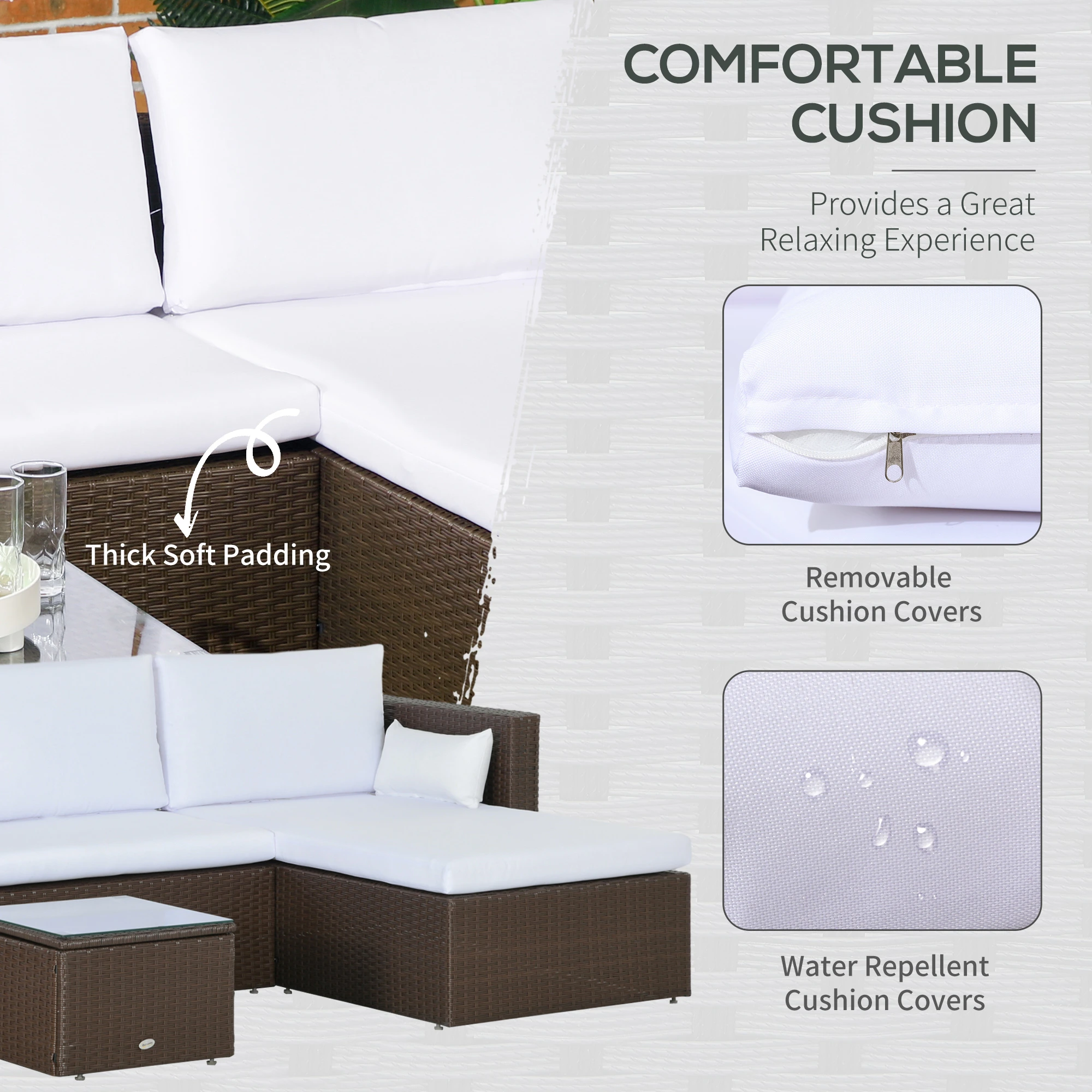 3-Piece Modern Rattan Sofa Set, Wicker Patio Furniture Set with Coffee Table, Cushions, Pillows