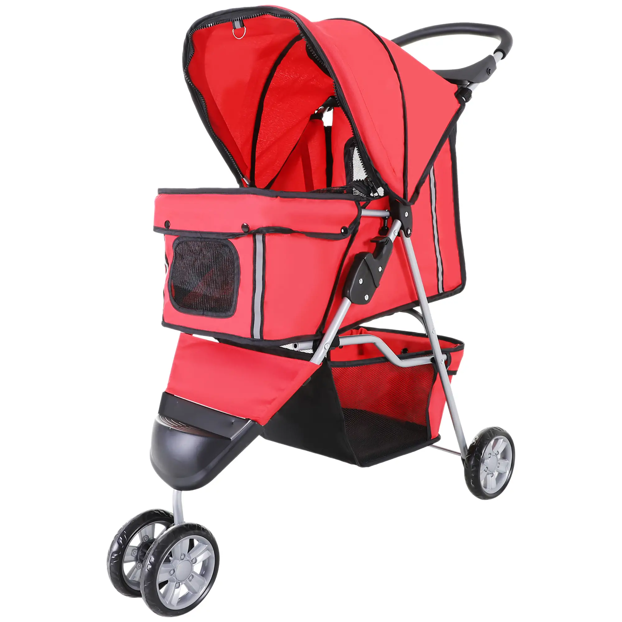 3 Wheels Foldable Dog Stroller with Storage Basket, Adjustable Canopy, Cupholder for Miniature and Small Dogs, Red
