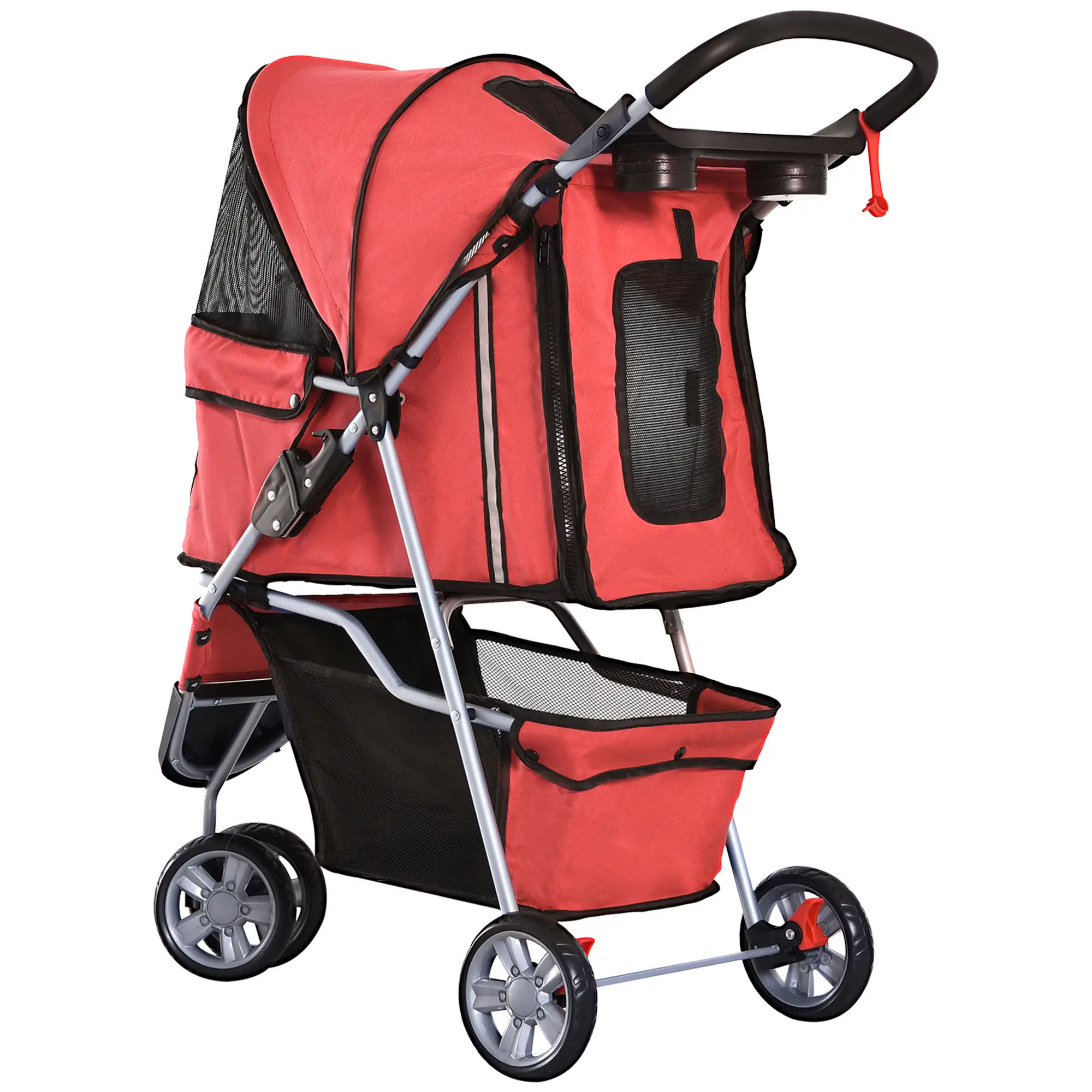 3 Wheels Foldable Dog Stroller with Storage Basket, Adjustable Canopy, Cupholder for Miniature and Small Dogs, Red