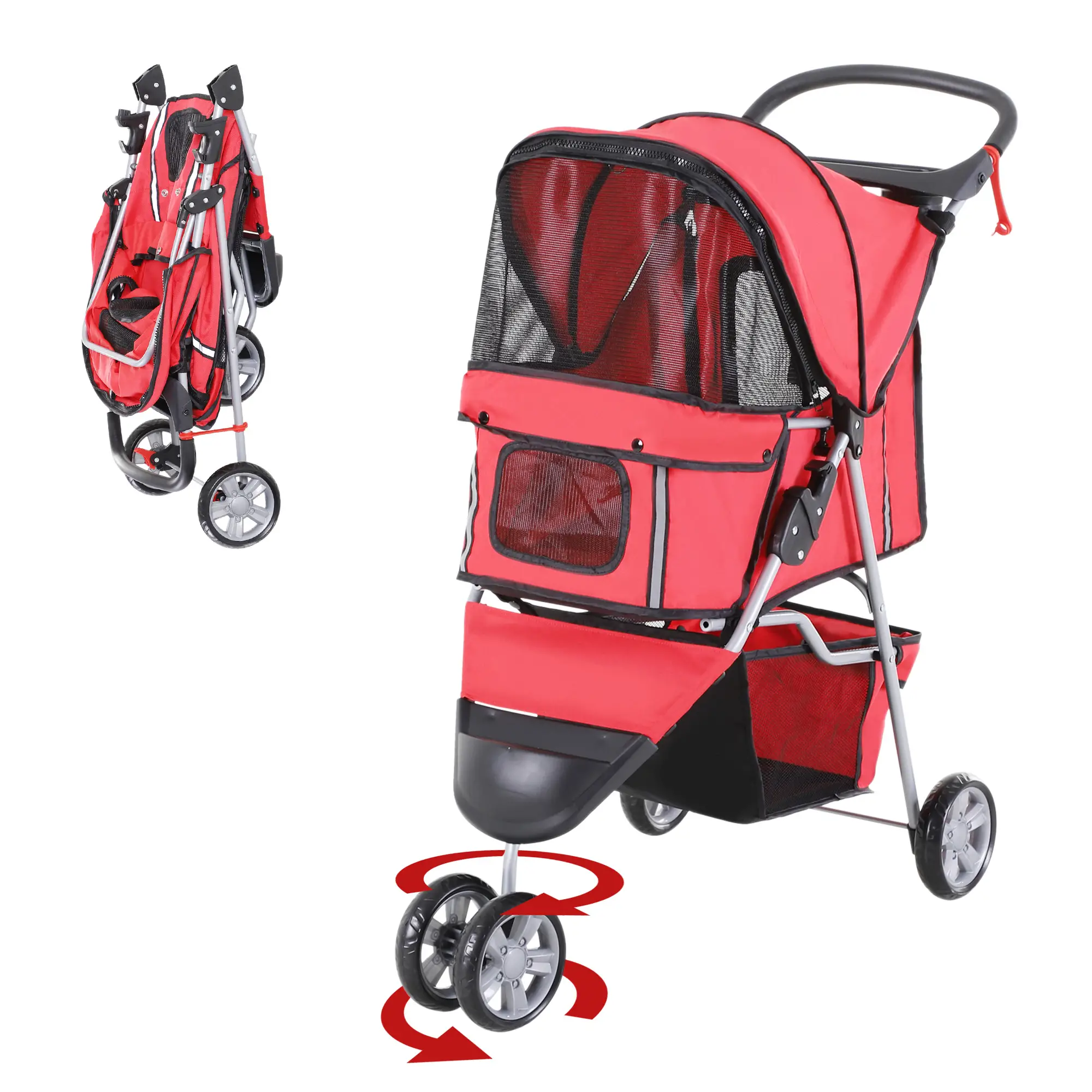 3 Wheels Foldable Dog Stroller with Storage Basket, Adjustable Canopy, Cupholder for Miniature and Small Dogs, Red