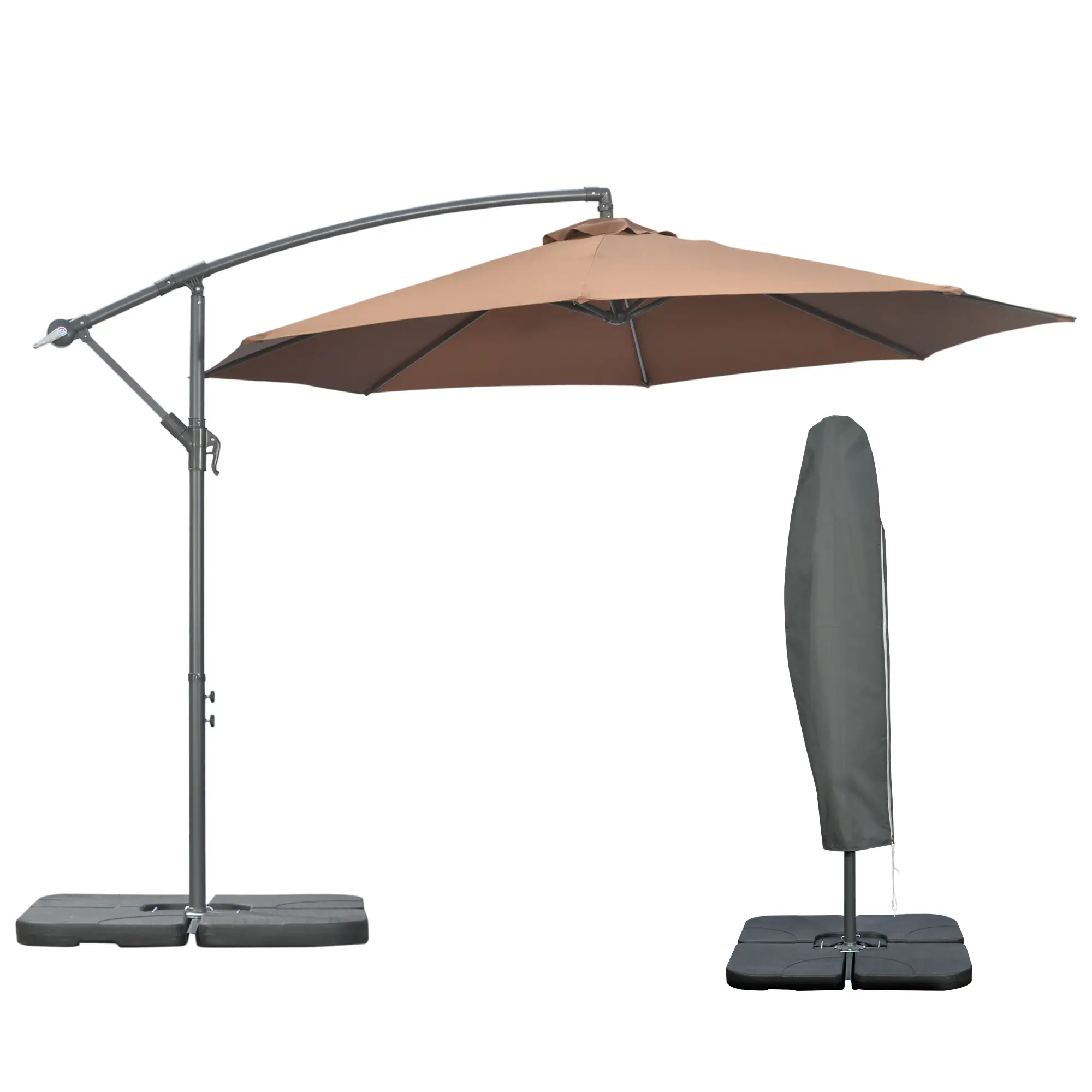 9.6ft Offset Patio Umbrella Garden Hanging Parasol Banana Cantilever Umbrella with Base, Crank, Coffee