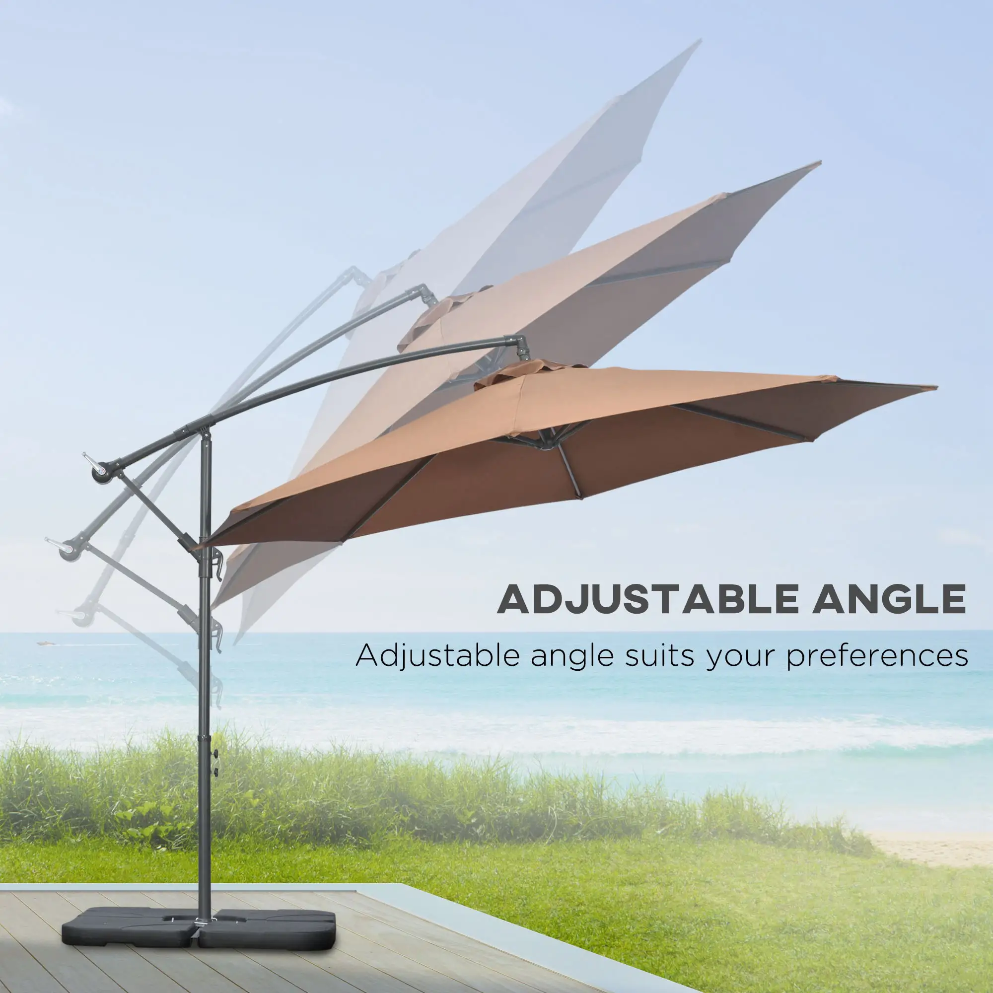 9.6ft Offset Patio Umbrella Garden Hanging Parasol Banana Cantilever Umbrella with Base, Crank, Coffee