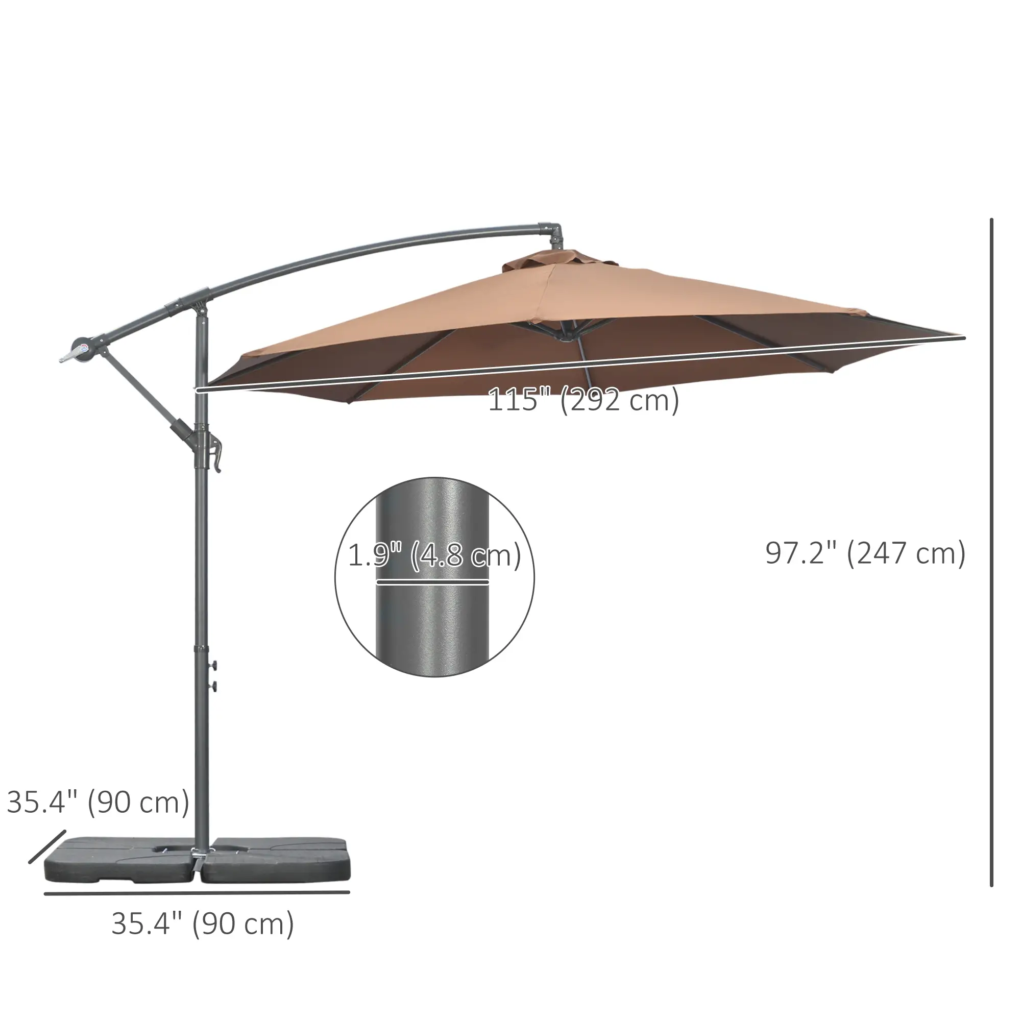 9.6ft Offset Patio Umbrella Garden Hanging Parasol Banana Cantilever Umbrella with Base, Crank, Coffee