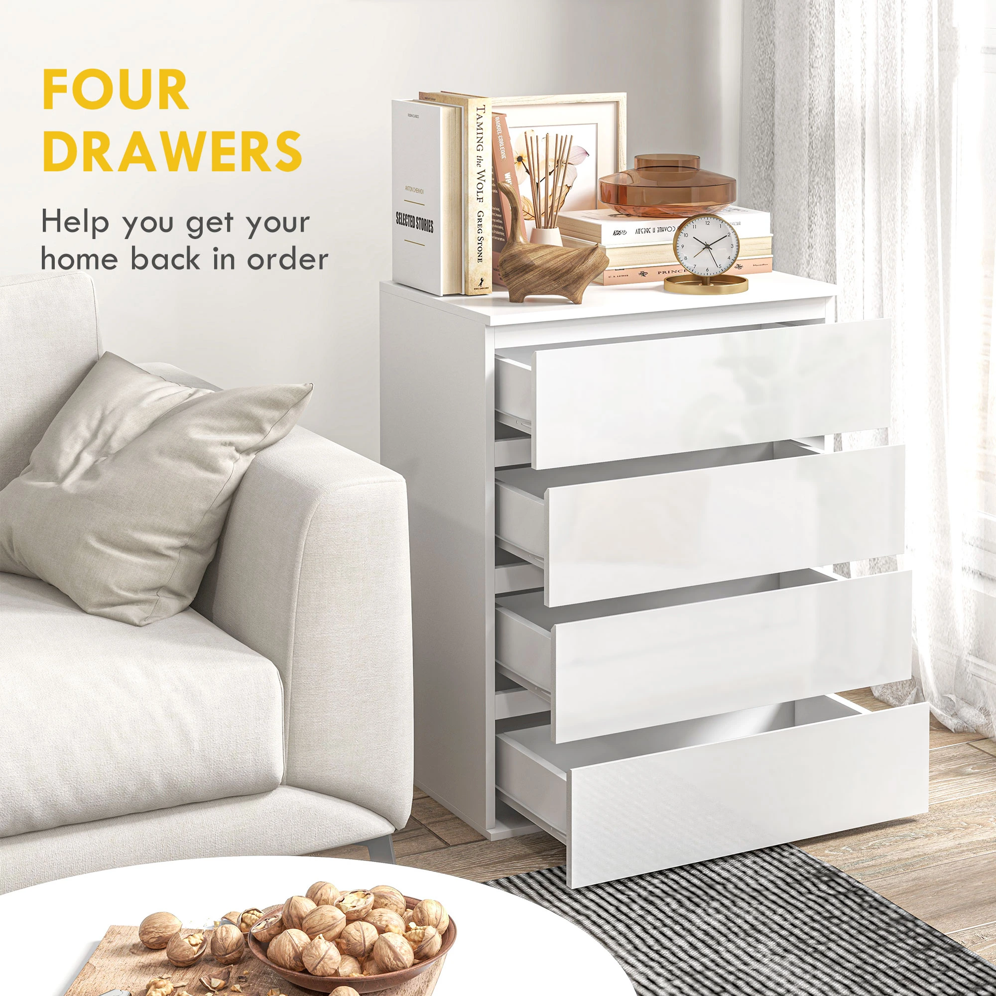4 Drawer Cabinet, High Gloss Drawer Chest for Bedroom