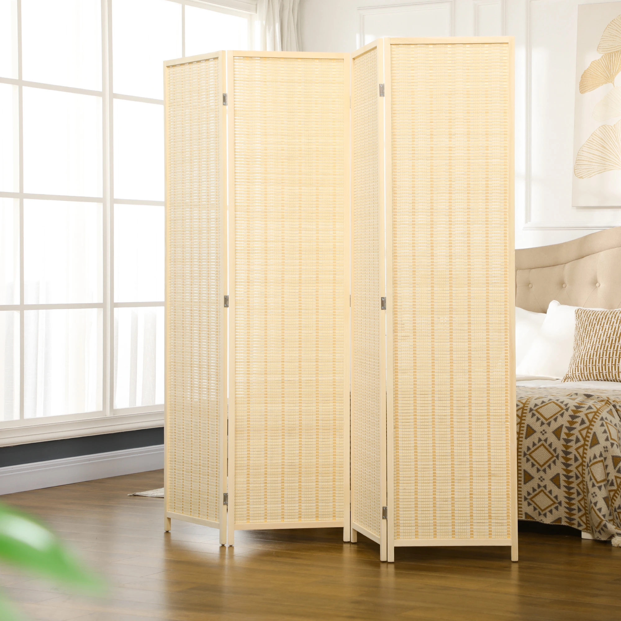 Woven Bamboo Room Divider, 4 Panel Folding Indoor Privacy Screens for Home Office, Natural