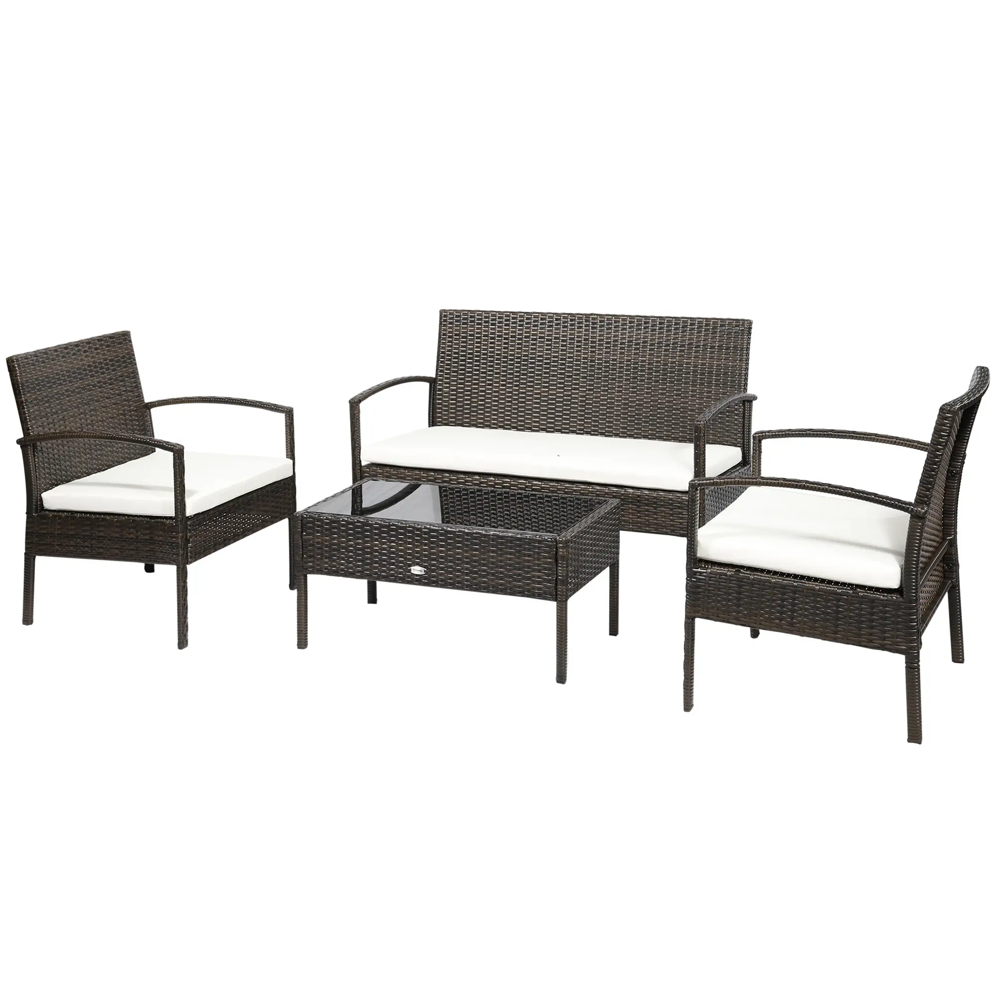 4 Pieces Patio Furniture Sets with A Loveseat, Two Armchairs with Glass Top Table, Brown PE Rattan and Cream White Cushions