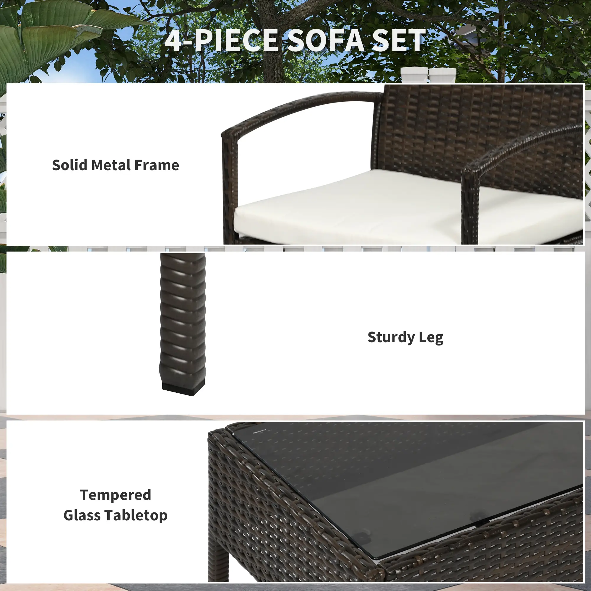 4 Pieces Patio Furniture Sets with A Loveseat, Two Armchairs with Glass Top Table, Brown PE Rattan and Cream White Cushions