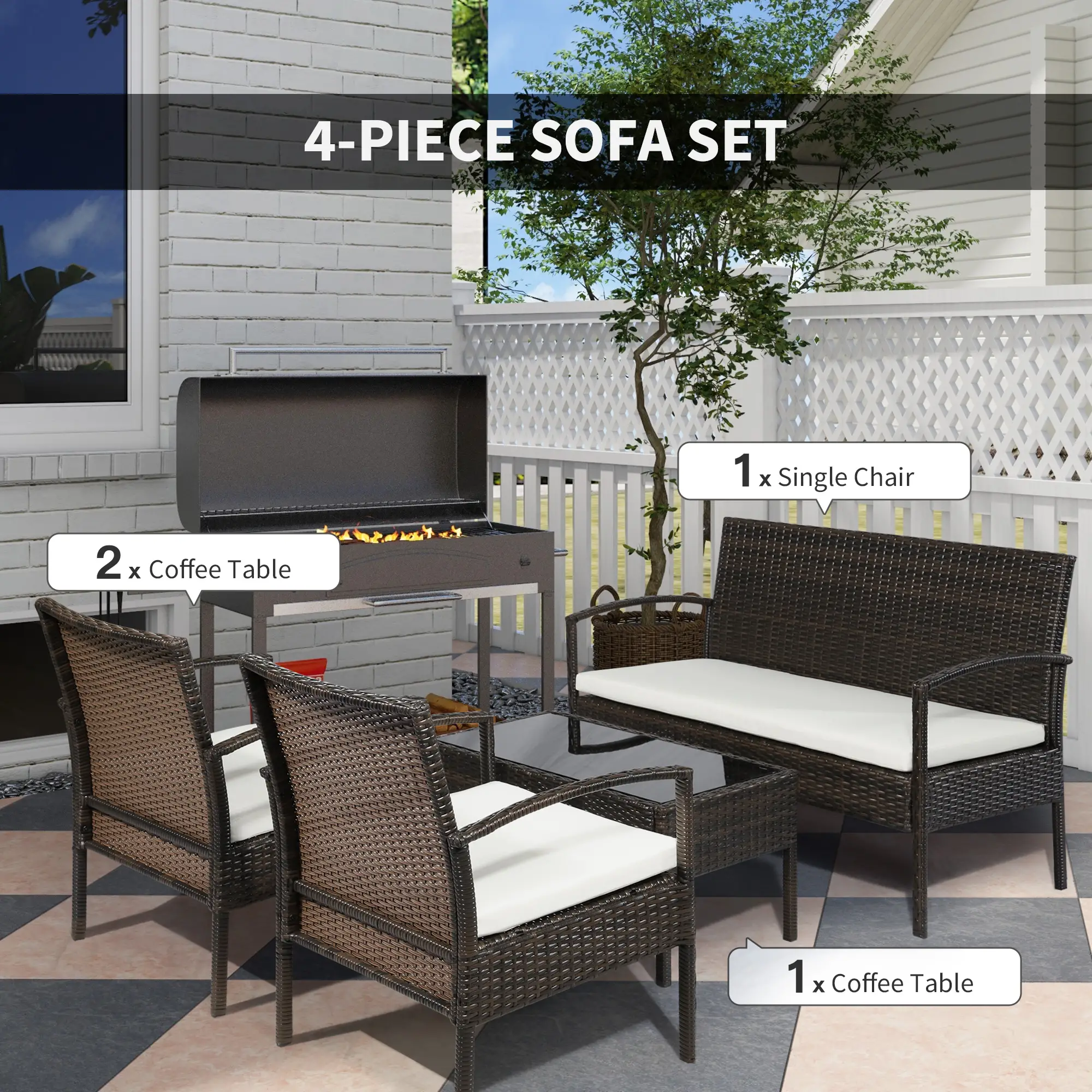 4 Pieces Patio Furniture Sets with A Loveseat, Two Armchairs with Glass Top Table, Brown PE Rattan and Cream White Cushions