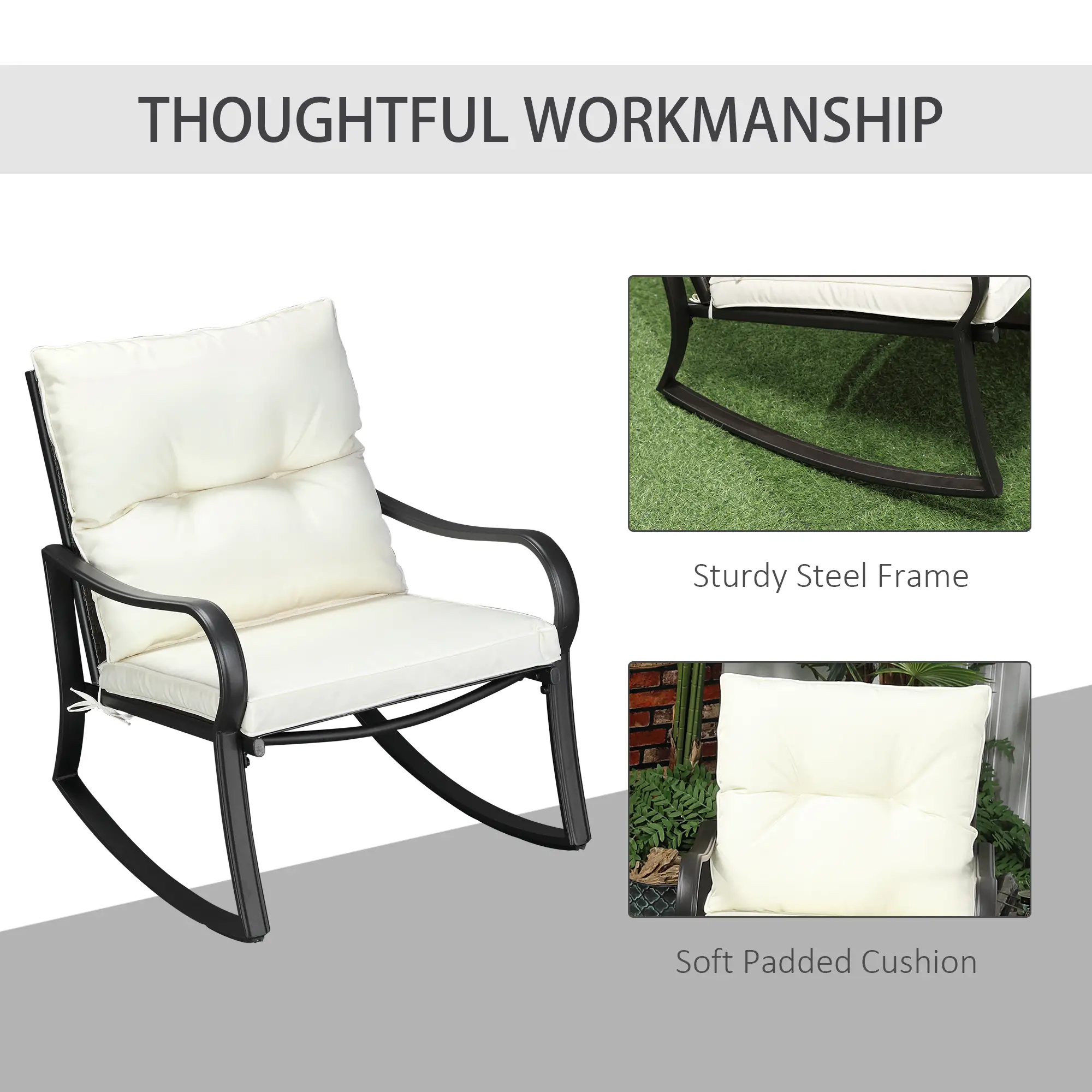 3 Pieces Patio Wicker Rocking Chairs Table Set, Outdoor PE Rattan Furniture with 2 Rockers & 1 Coffee Table w/ Padded Cushions