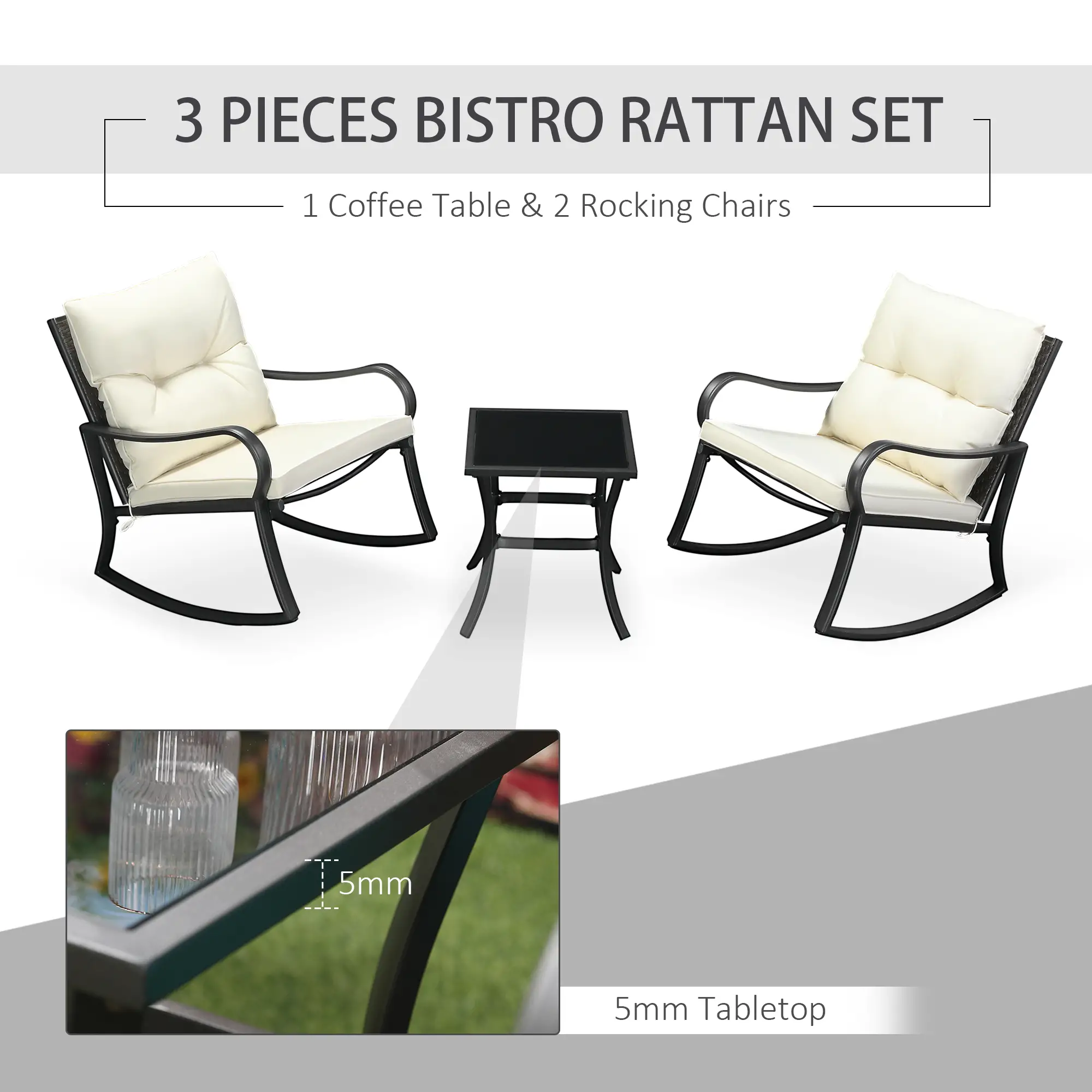 3 Pieces Patio Wicker Rocking Chairs Table Set, Outdoor PE Rattan Furniture with 2 Rockers & 1 Coffee Table w/ Padded Cushions