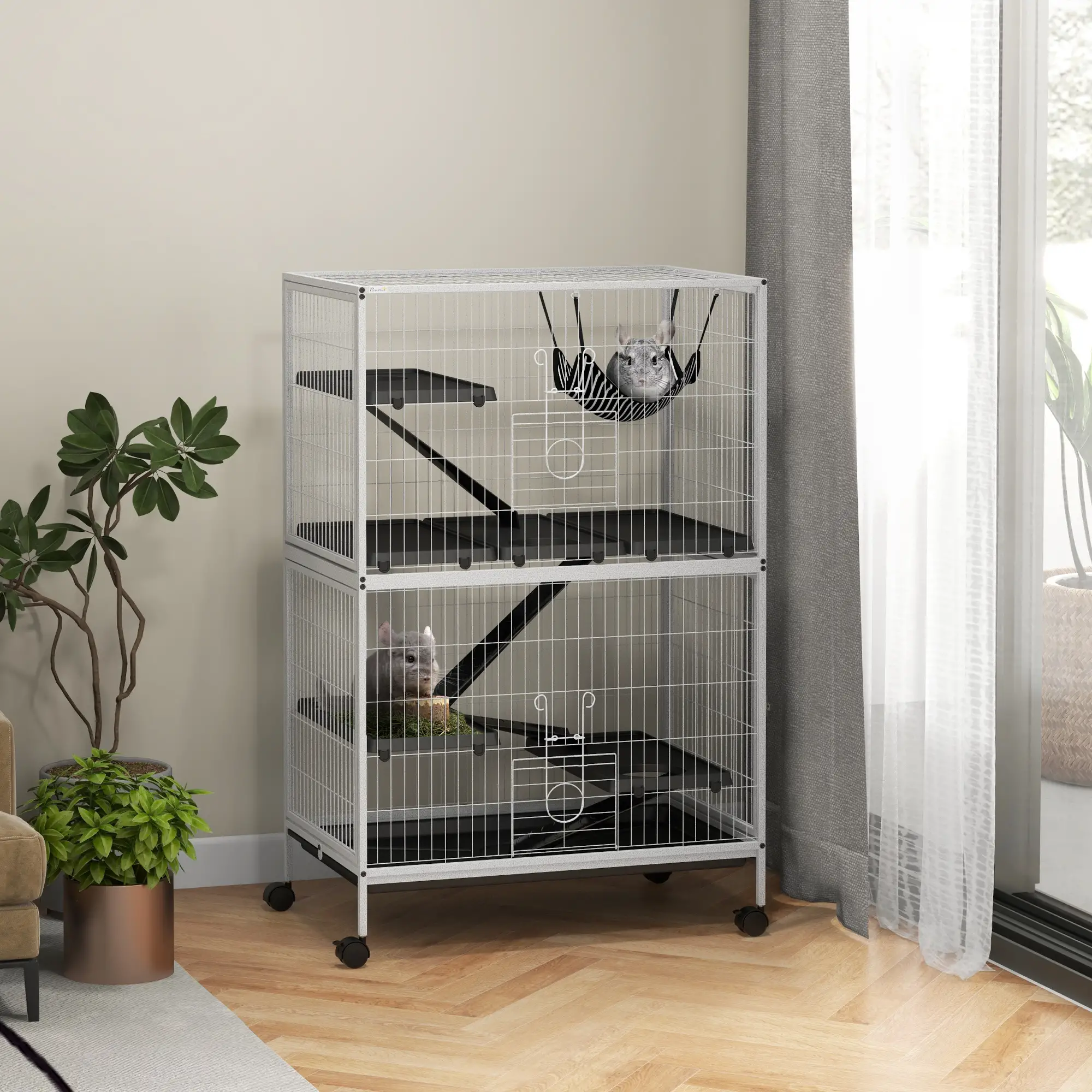 5-Tier Rolling Small Animal Cage, Deluxe Guinea Pig Cage, Ferret Cage for Mink Chinchilla Kitten Rabbit, Light Grey