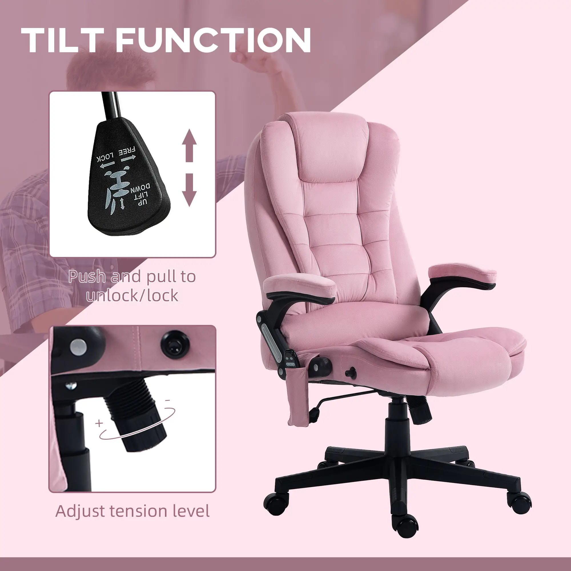  6 Point Vibrating Massage Office Chair High Back Executive Chair with Reclining Back, Swivel Wheels, Pink