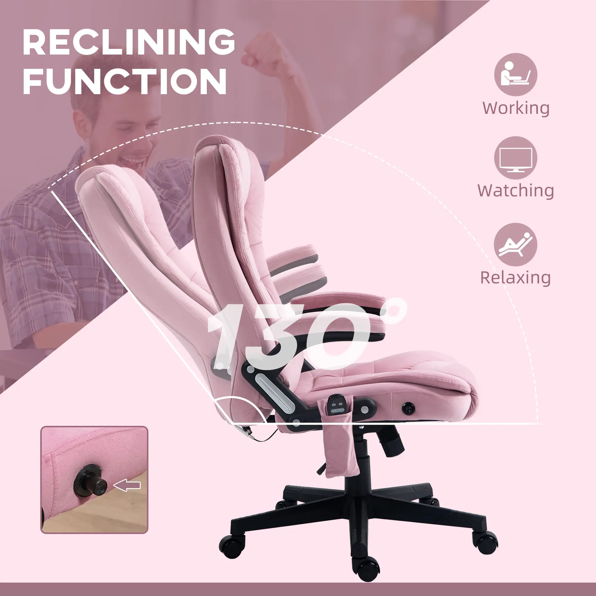  6 Point Vibrating Massage Office Chair High Back Executive Chair with Reclining Back, Swivel Wheels, Pink