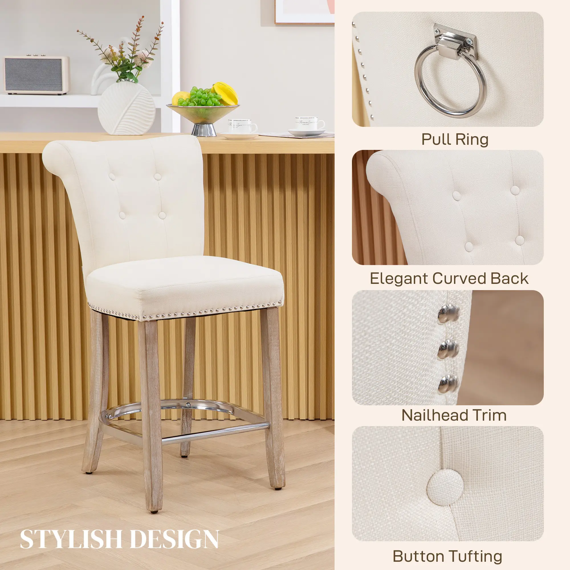 Bar Stools Set of 2, Upholstered Counter Height Stools with Button Tufted Back, Wood Legs and Footrest, Cream White