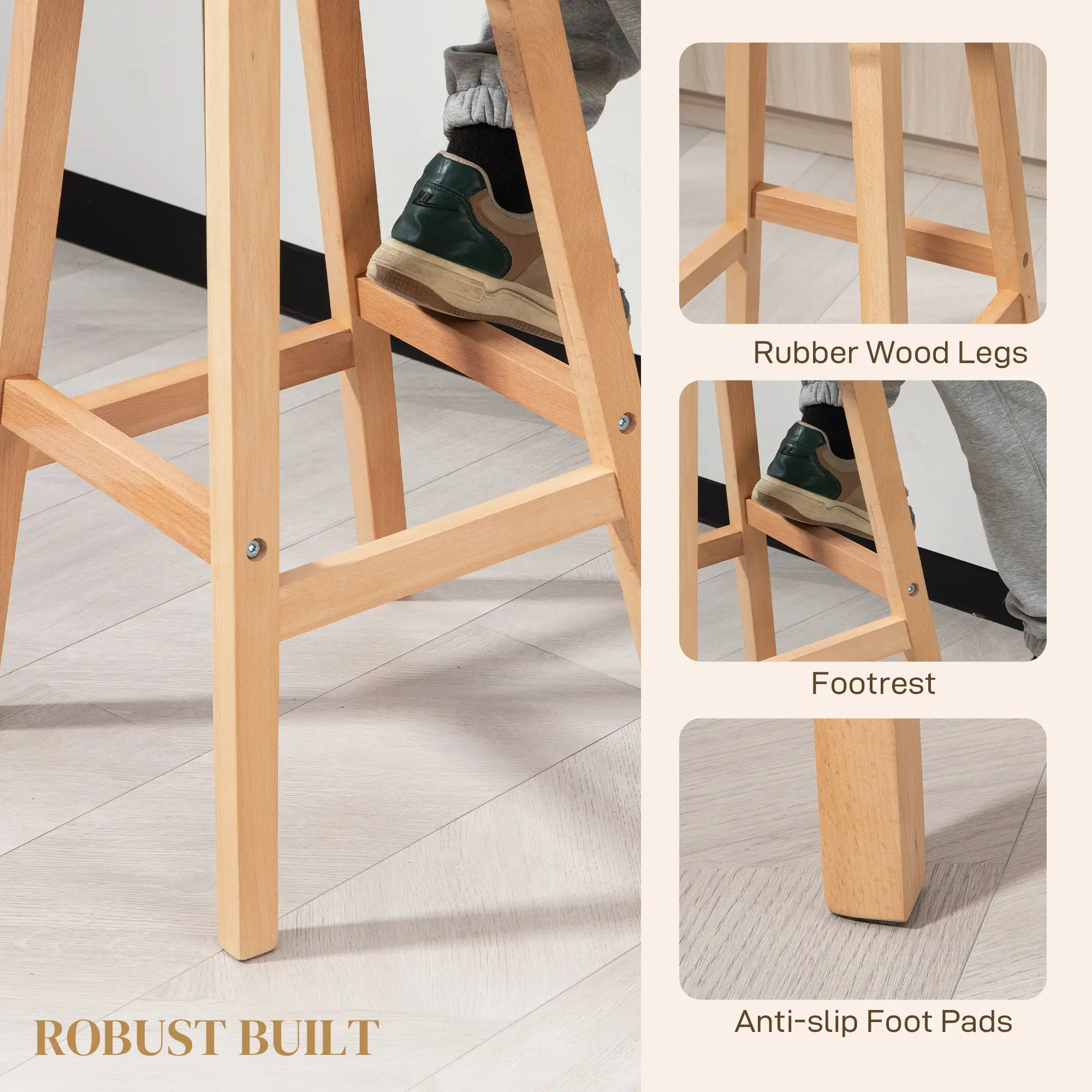 Bar Stools Set of 2, Upholstered Counter Height Stools with Button Tufted Back, Wood Legs and Footrest, Cream White