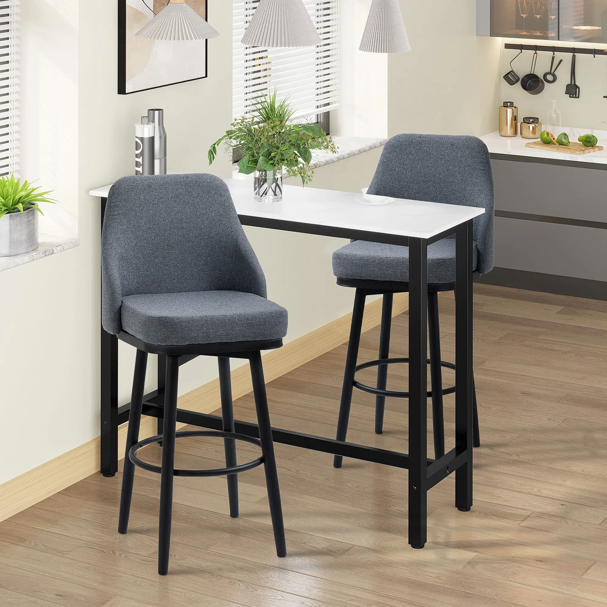 Extra Tall Bar Stools Set of 2, Modern 360° Swivel Barstools, Dining Room Chairs with Steel Legs Footrest, Charcoal Grey