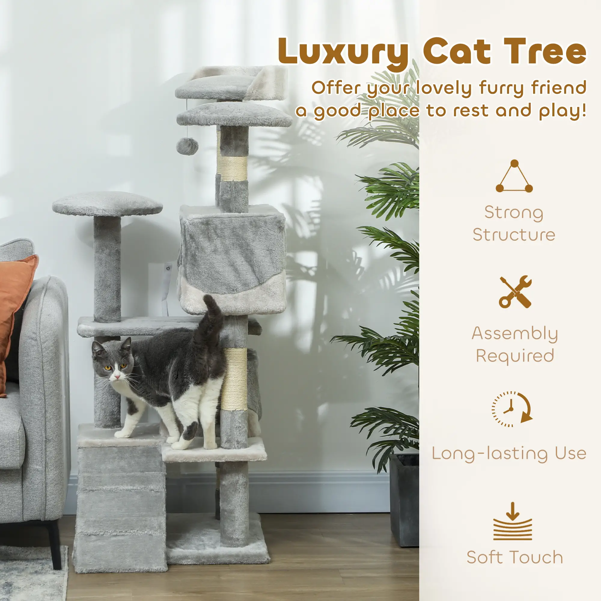 53" Cat Tree Scratching Large Kitten Play House Multi-Level Activity Center Pet Furniture, Grey