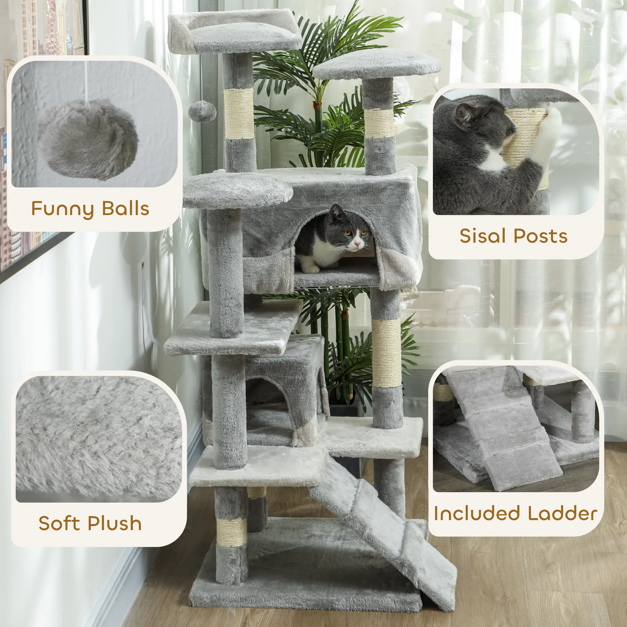 53" Cat Tree Scratching Large Kitten Play House Multi-Level Activity Center Pet Furniture, Grey