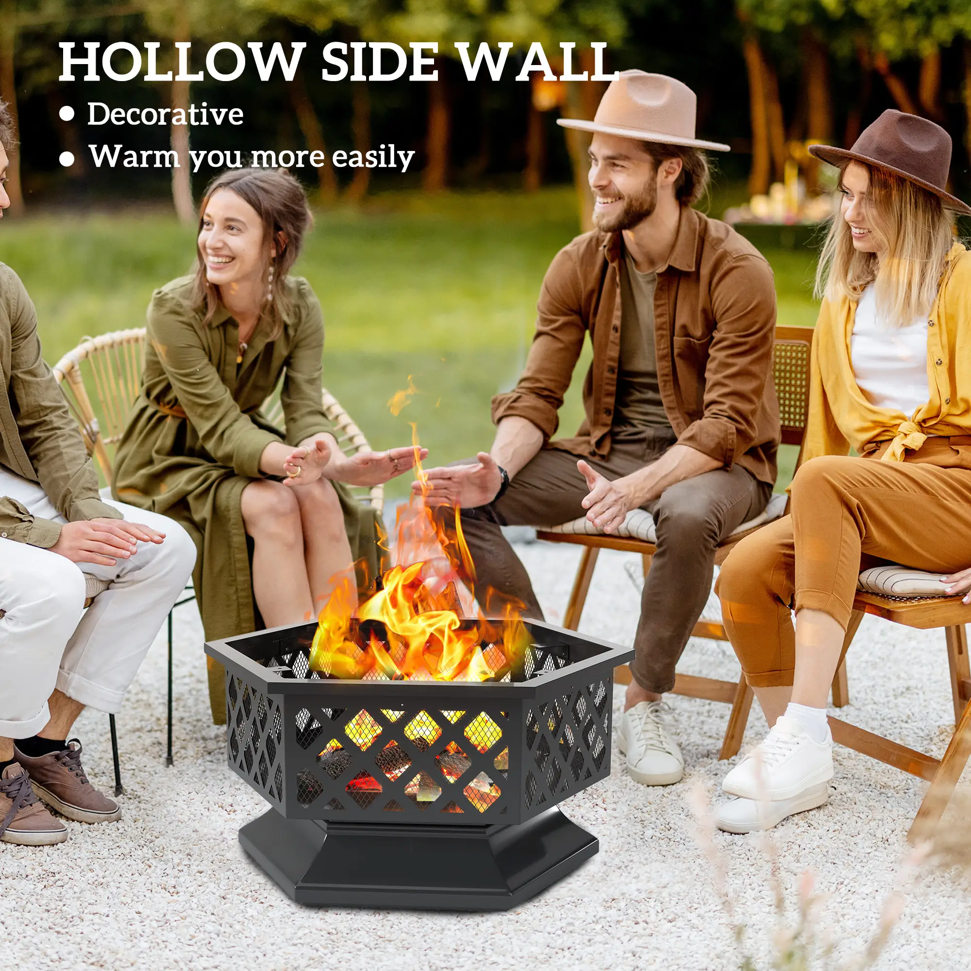 Outdoor Fire Pit with Mesh Lid, Portable Wood Burning Firebowl with Poker for Patio, Backyard, Bronze