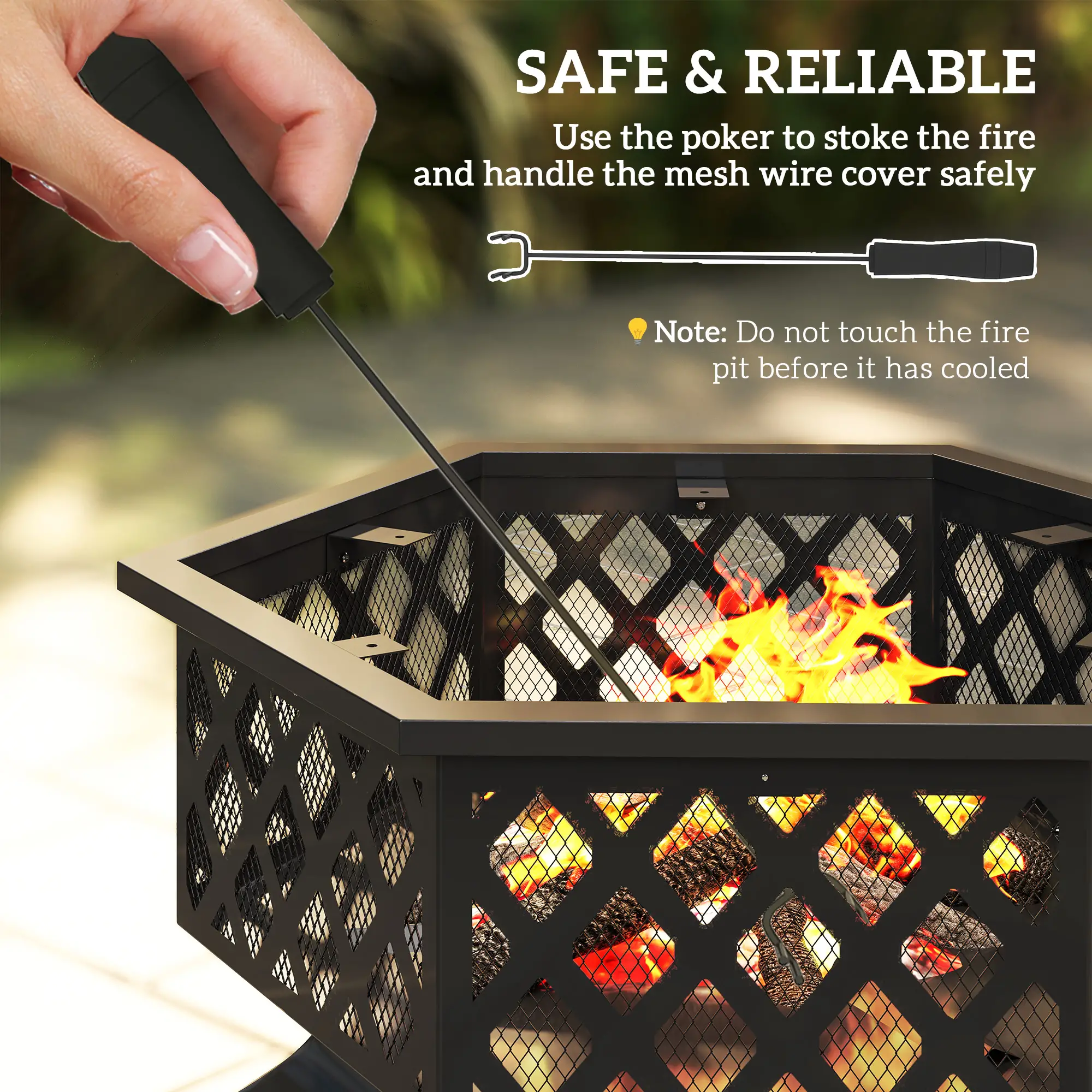 Outdoor Fire Pit with Mesh Lid, Portable Wood Burning Firebowl with Poker for Patio, Backyard, Bronze