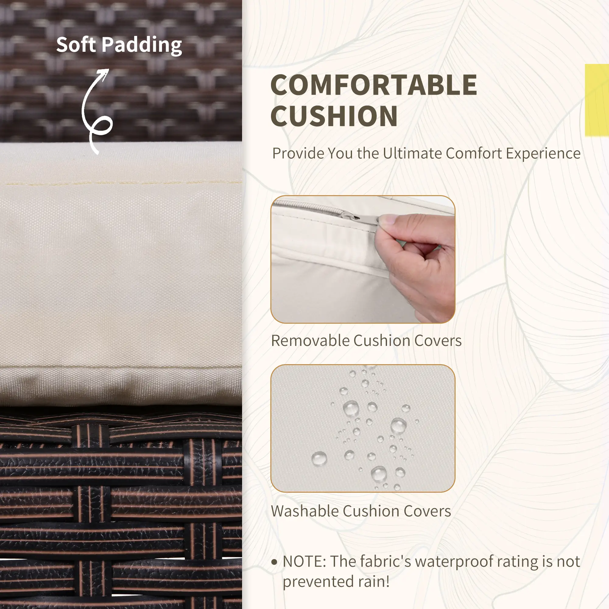 3 Pieces Wicker Patio Furniture Set, Rattan Bistro Set with Glass Top Coffee Table and Cushions, Outdoor Conversation Set for Garden, Porch, Balcony, Cream White