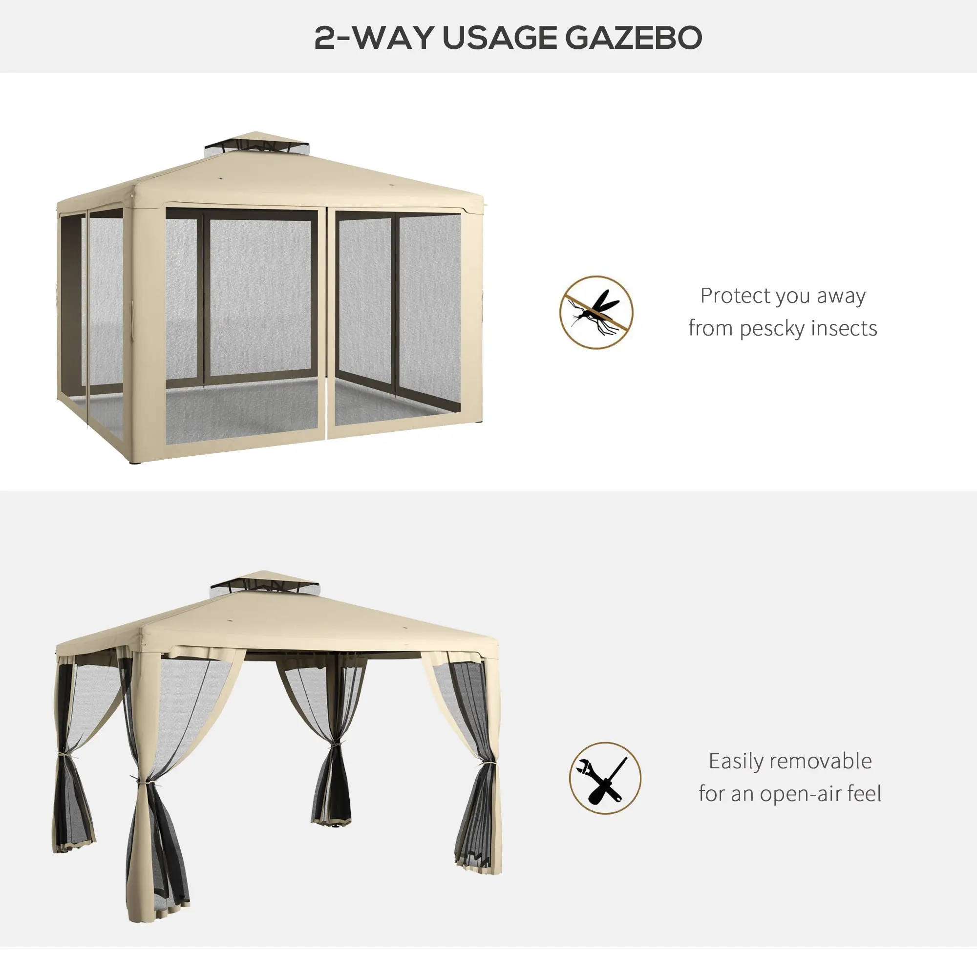 12' x 10' Patio Gazebo Outdoor Pavilion 2 Tire Roof Canopy Shelter Garden, Steel Frame w/ Mosquito Netting, Taupe