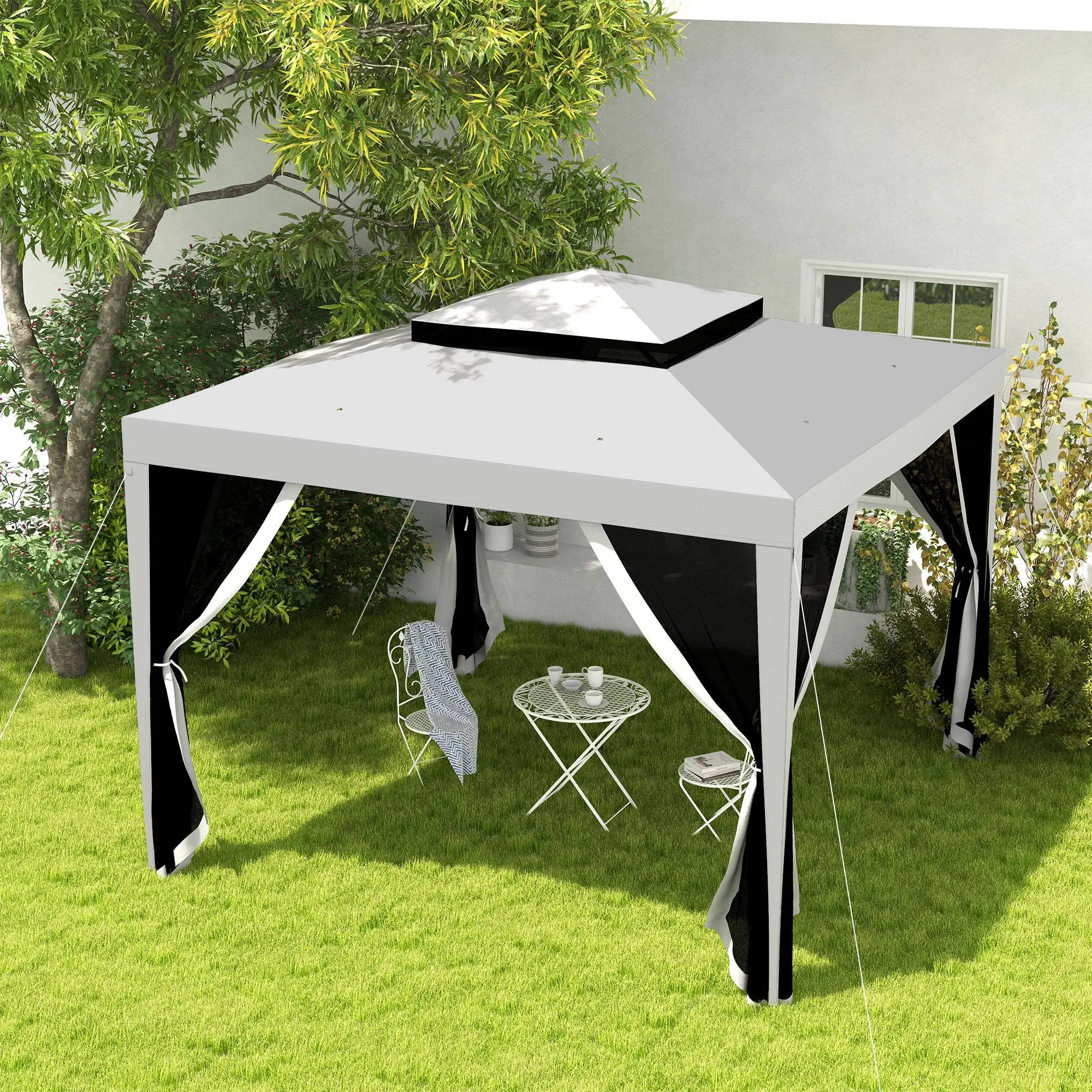 10' x 10' Outdoor Canopy Tent Party Tent with Mesh Netting and Double Tier Roof for Backyard, Garden, Patio, Light Grey