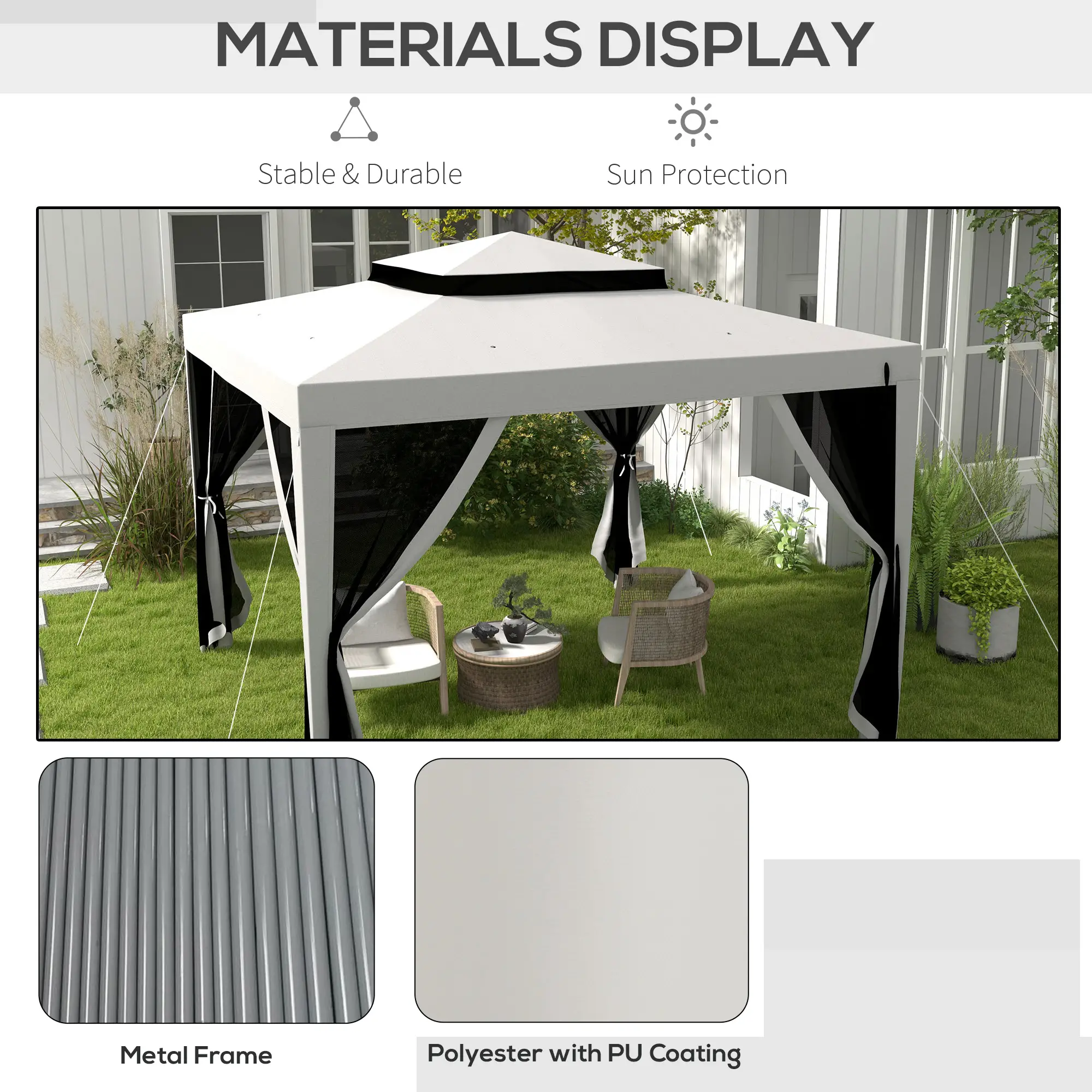 10' x 10' Outdoor Canopy Tent Party Tent with Mesh Netting and Double Tier Roof for Backyard, Garden, Patio, Light Grey