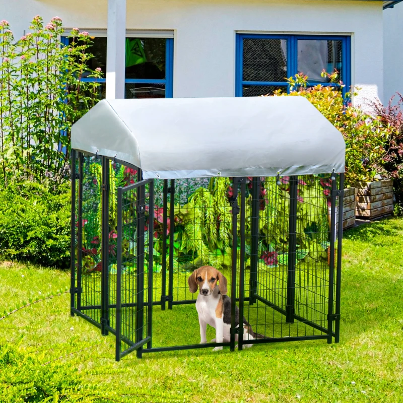 4' x 4' x 4.5' Large Outdoor Dog Kennel Run Steel Fence with UV-Resistant Oxford Cloth Roof & Secure Lock