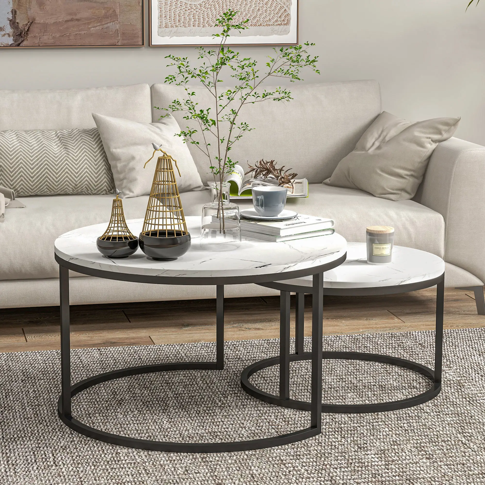 Modern Coffee Table Set of 2, Nesting Side Tables w/ Metal Base for Living Room Bedroom Office Faux Marbled White