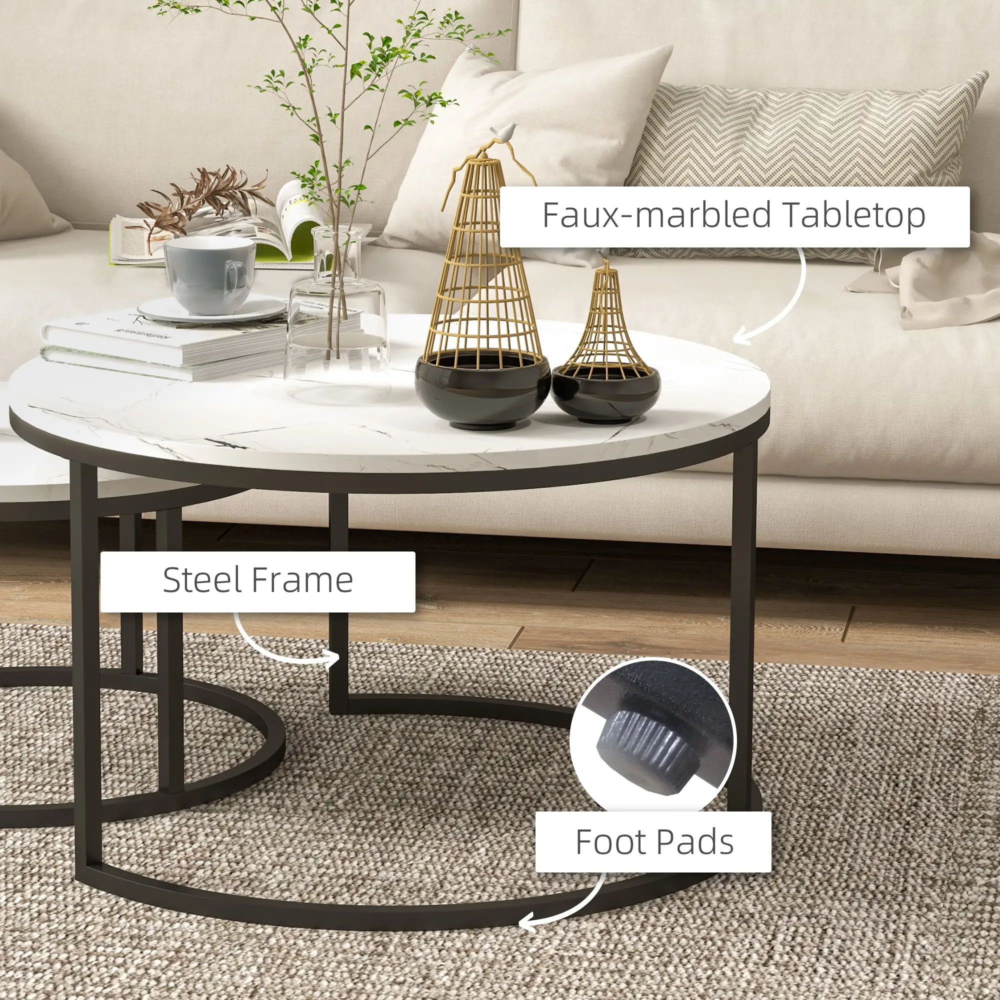 Modern Coffee Table Set of 2, Nesting Side Tables w/ Metal Base for Living Room Bedroom Office Faux Marbled White