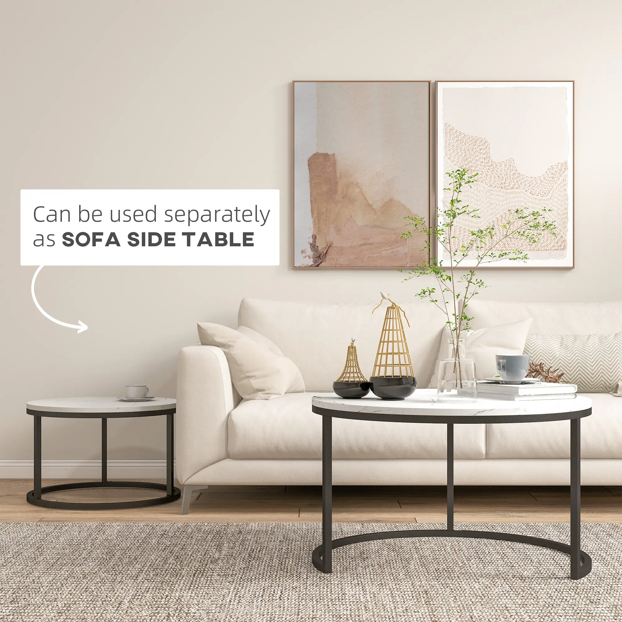 Modern Coffee Table Set of 2, Nesting Side Tables w/ Metal Base for Living Room Bedroom Office Faux Marbled White