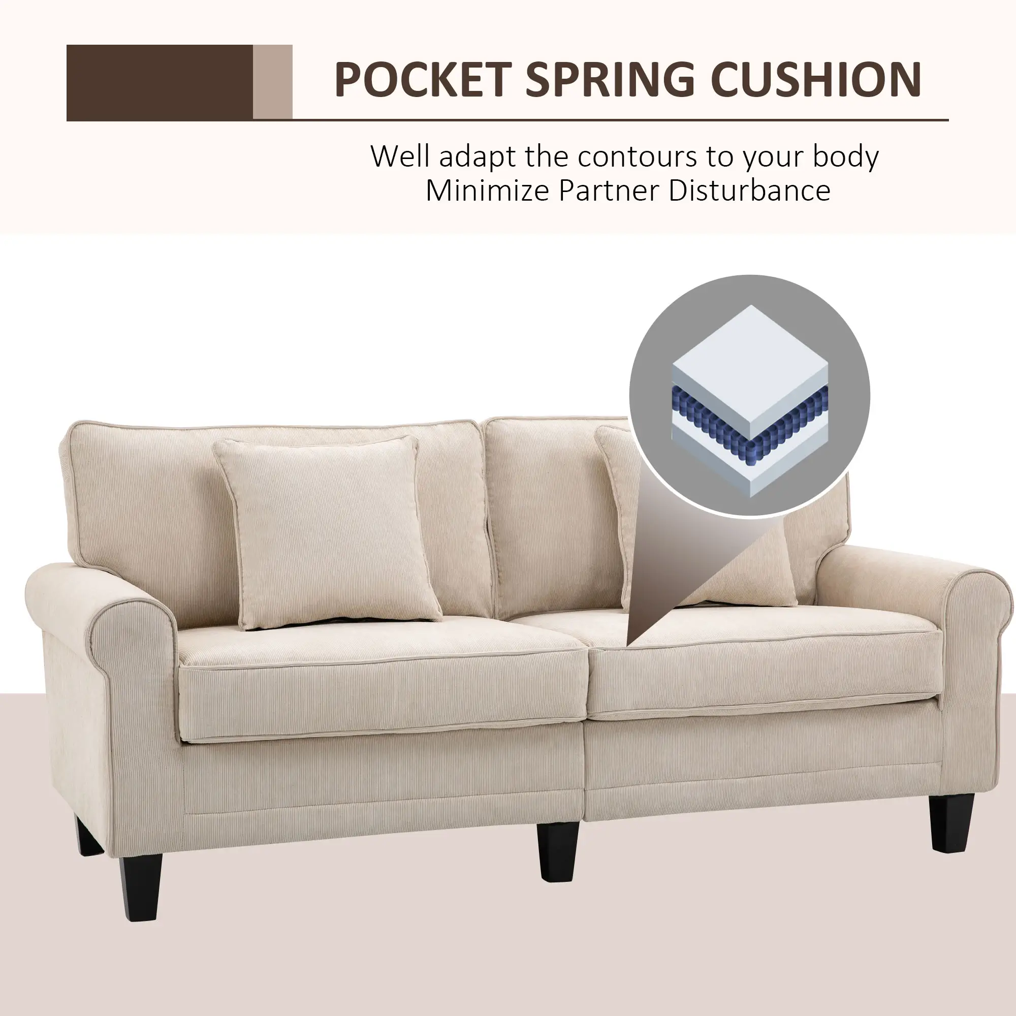 Modern 3 Seater Sofa, Corduroy Fabric 3 Seater Couch with Pine Wood Legs and Rolled Armrests for Living Room, Beige