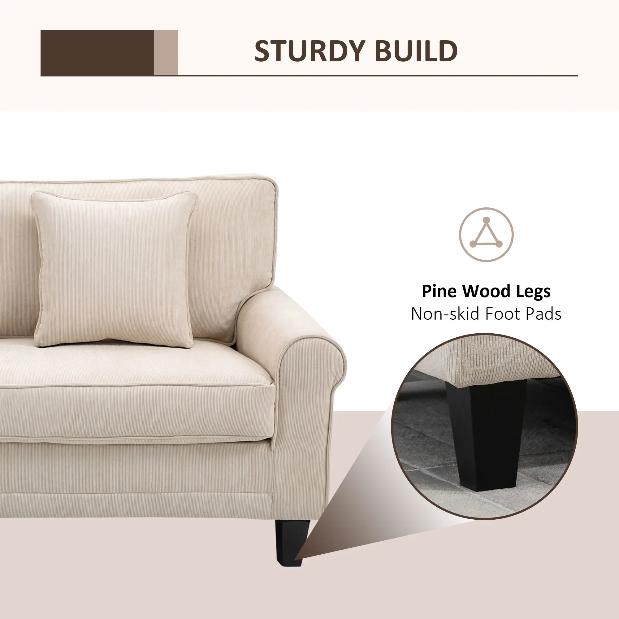 Modern 3 Seater Sofa, Corduroy Fabric 3 Seater Couch with Pine Wood Legs and Rolled Armrests for Living Room, Beige