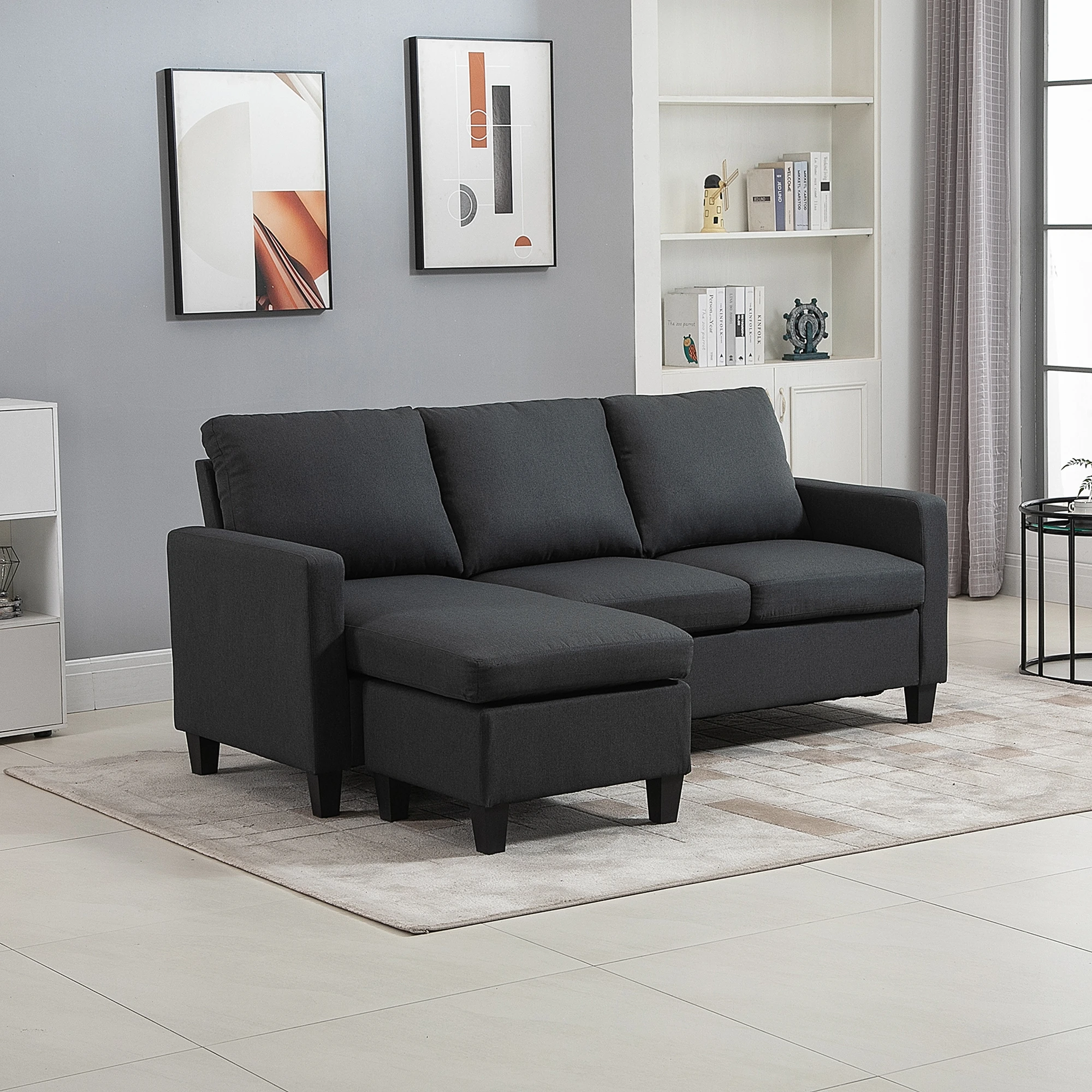 L-Shape Sofa, Modern Sectional Couch with Ottoman, Corner Sofa for Living Room, Dark Grey