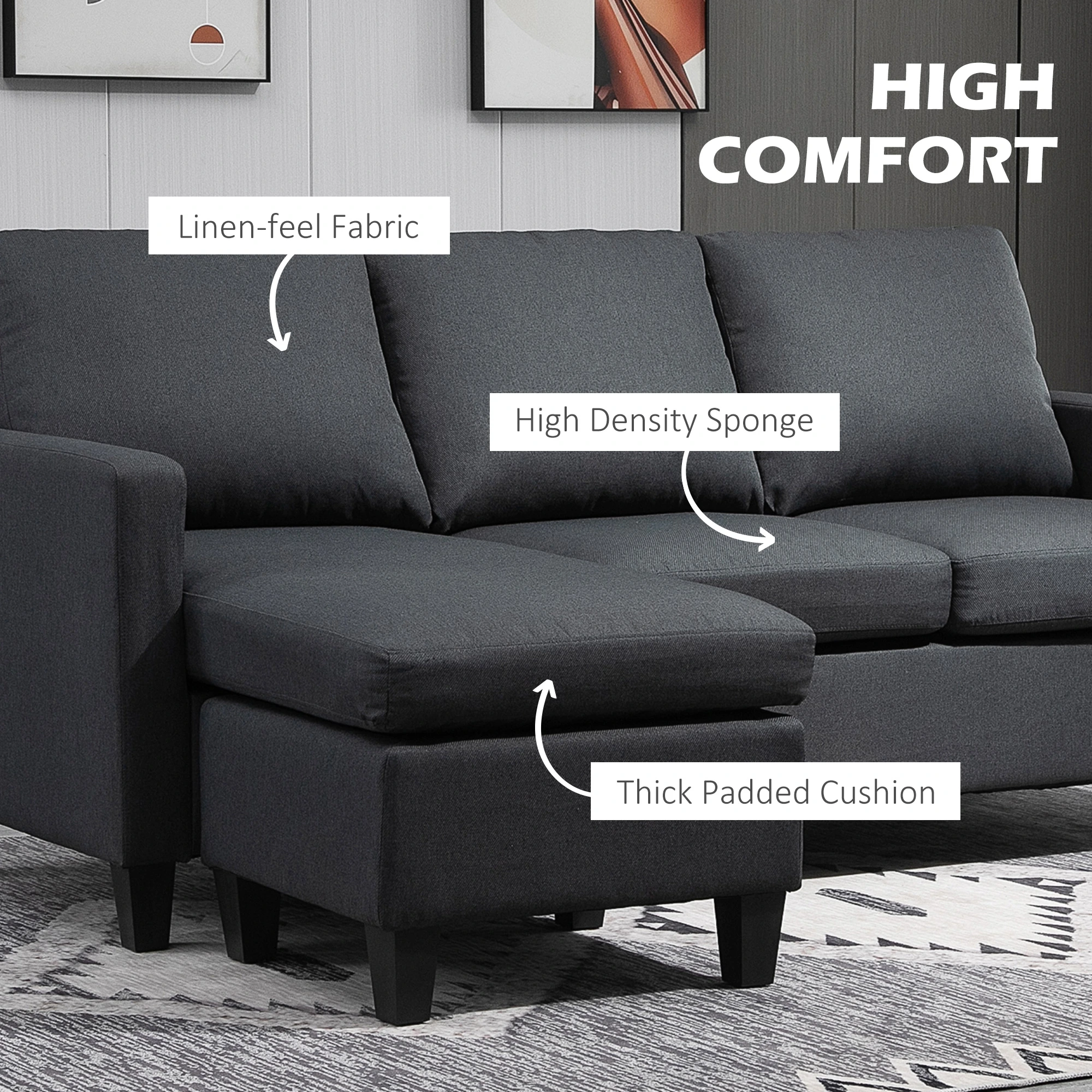 L-Shape Sofa, Modern Sectional Couch with Ottoman, Corner Sofa for Living Room, Dark Grey