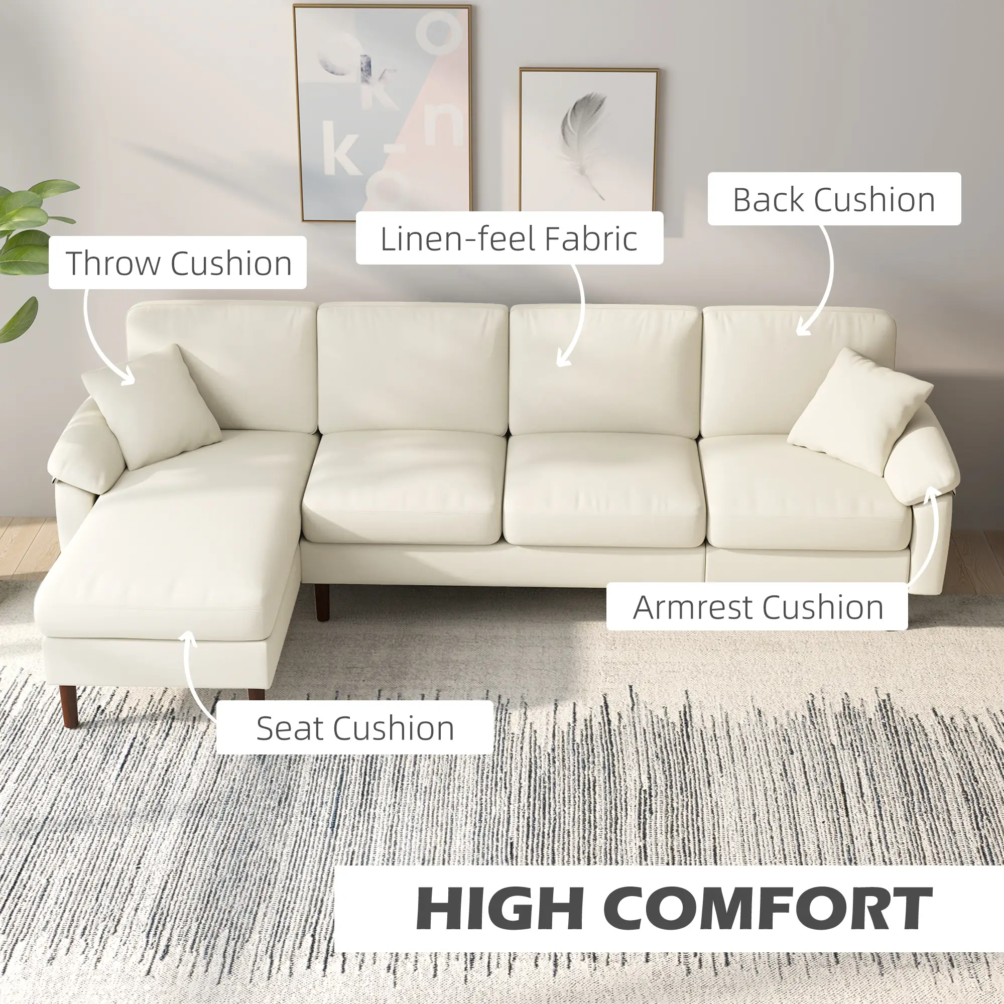 L-Shape Sofa, Modern Sectional Couch with Changeable Chaise Lounge, Pillows and Wooden Legs for Living Room, Cream White 4.3