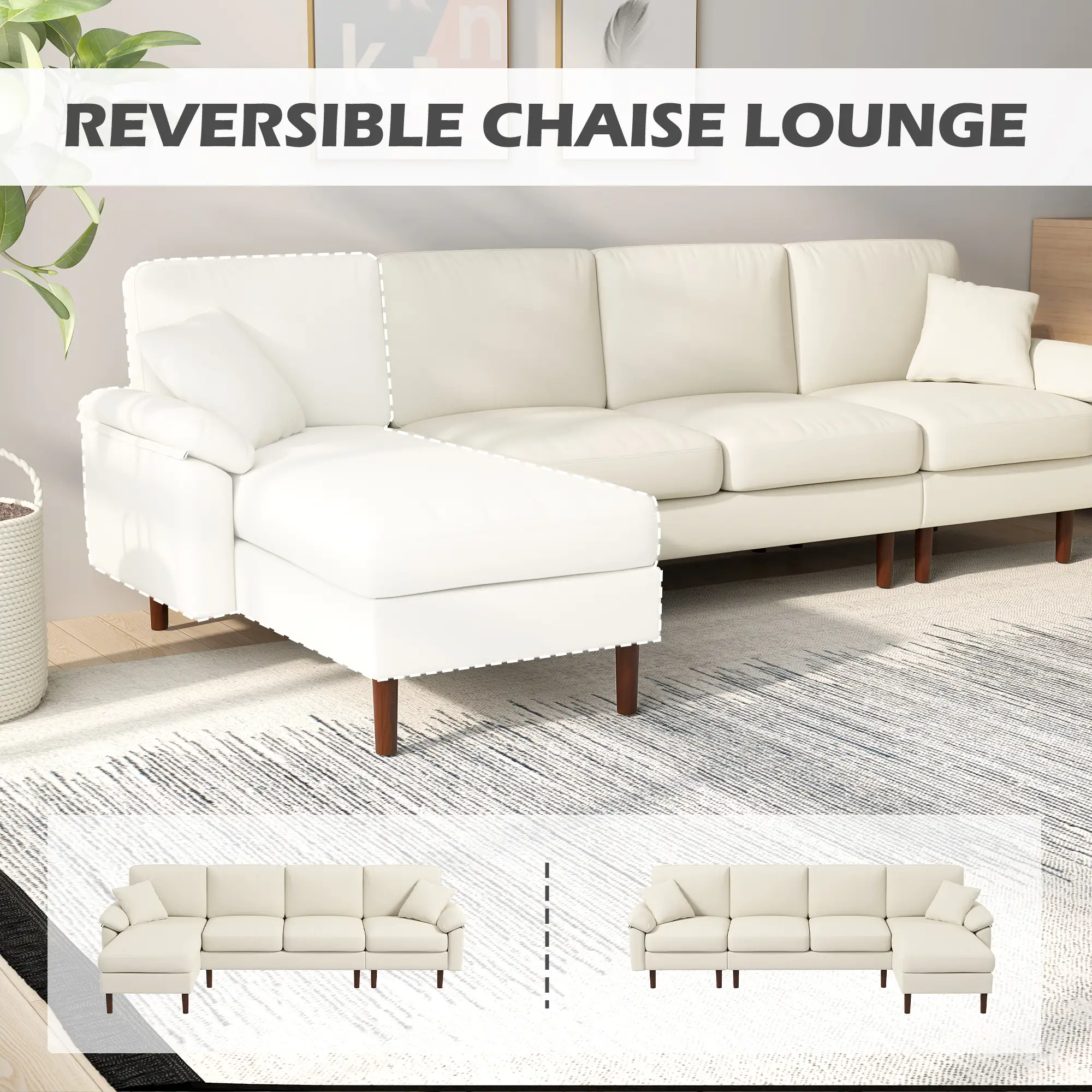 L-Shape Sofa, Modern Sectional Couch with Changeable Chaise Lounge, Pillows and Wooden Legs for Living Room, Cream White 4.3