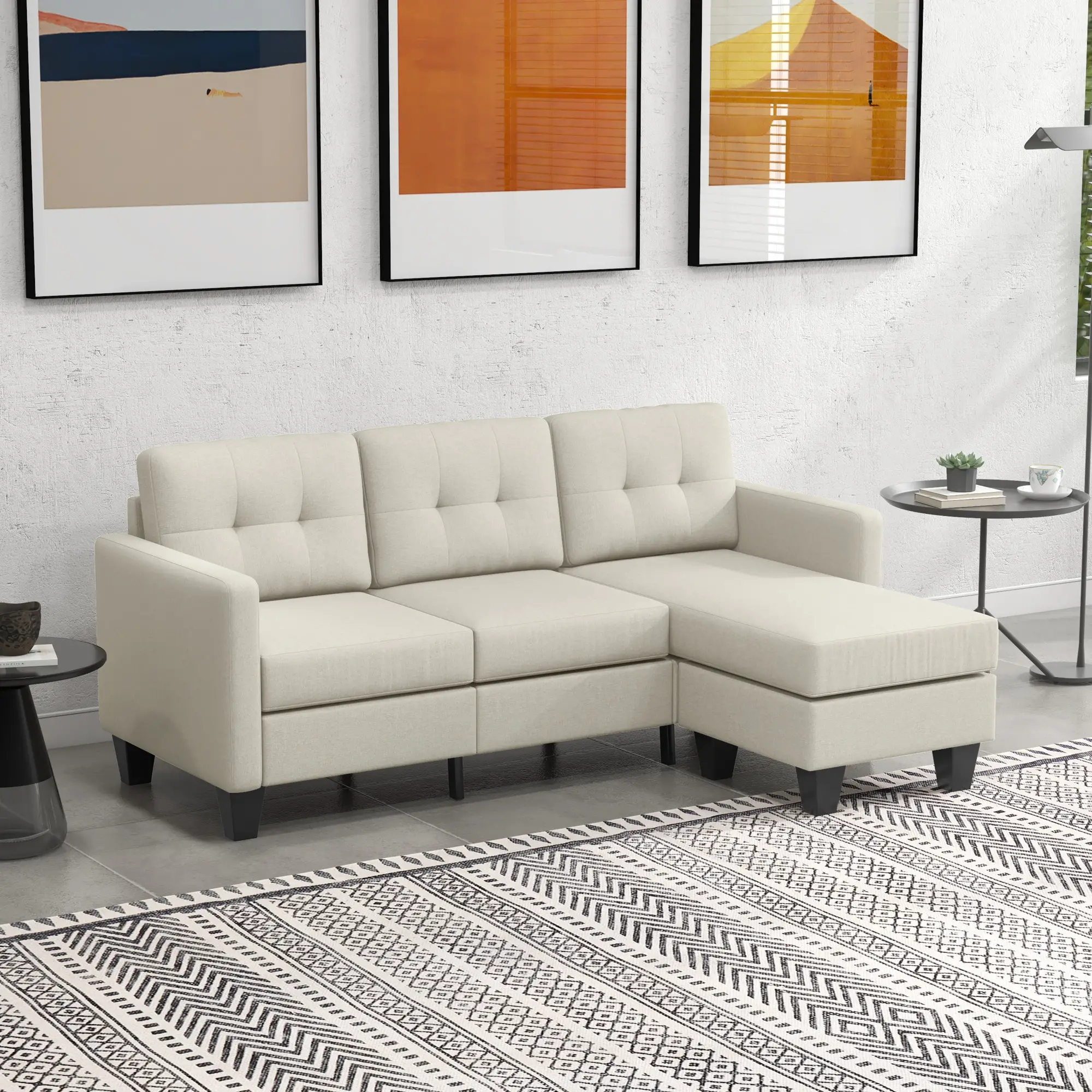 L-shaped Sofa, 3 Seater Sectional Couch with Ottoman, Corner Sofa with Thick Padded Cushion and Wood Legs