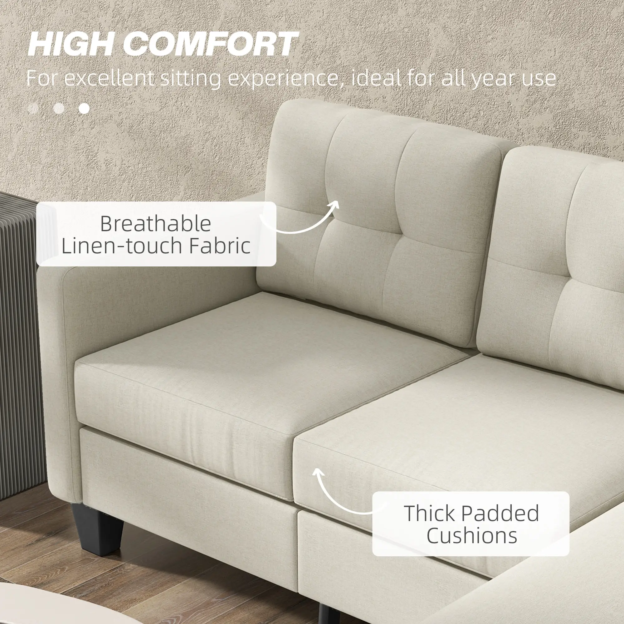 L-shaped Sofa, 3 Seater Sectional Couch with Ottoman, Corner Sofa with Thick Padded Cushion and Wood Legs