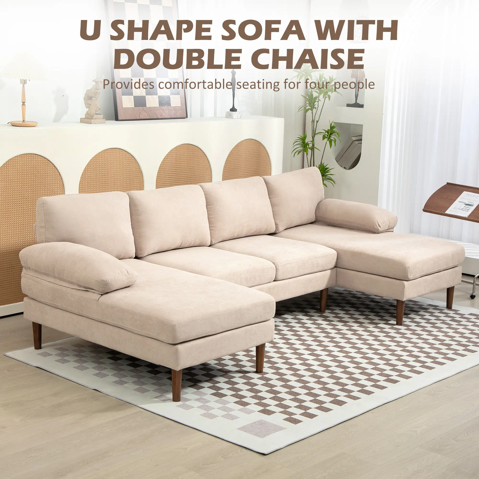 U Shape Couch with Double Chaise Lounge, Modern 4 Seater Sofa with Wooden Legs, Fabric Sofa for Living Room