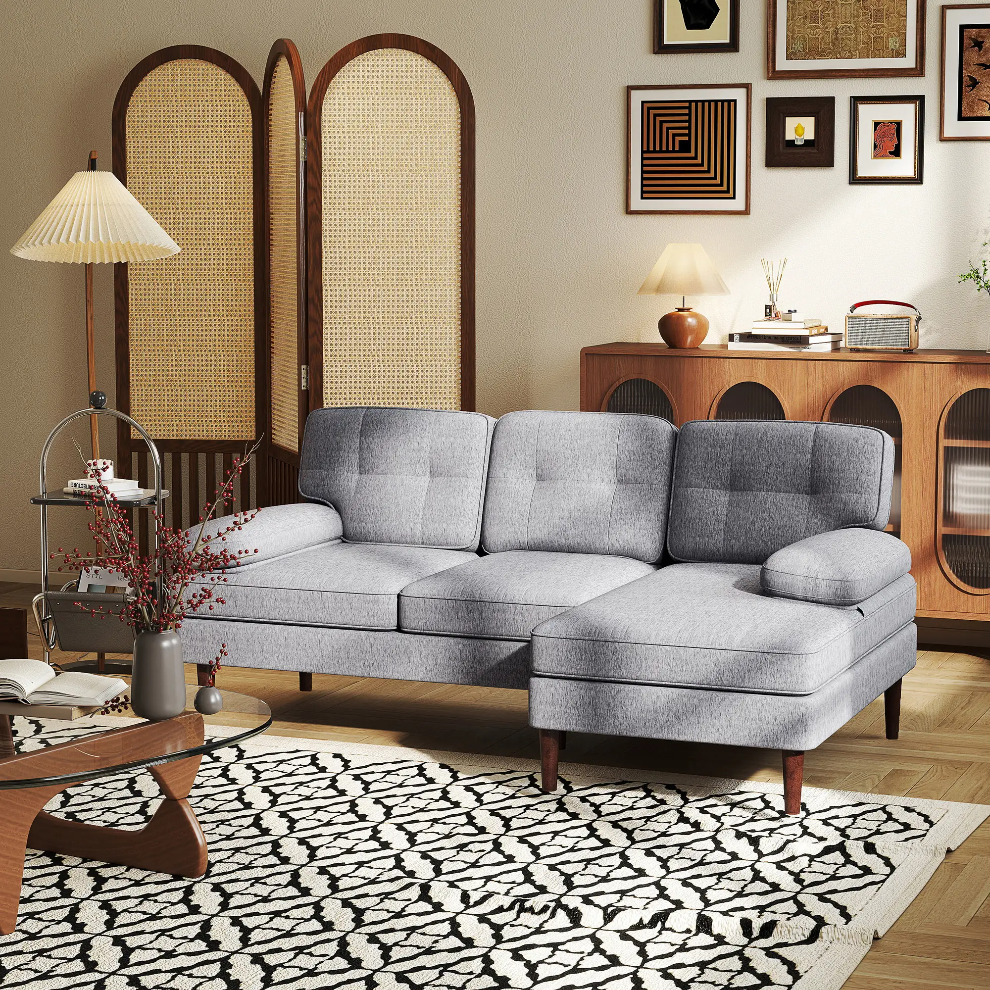 Modern Corner Couch with Right Chaise Lounge, Tufted 3-Seater Sofa with Wooden Legs
