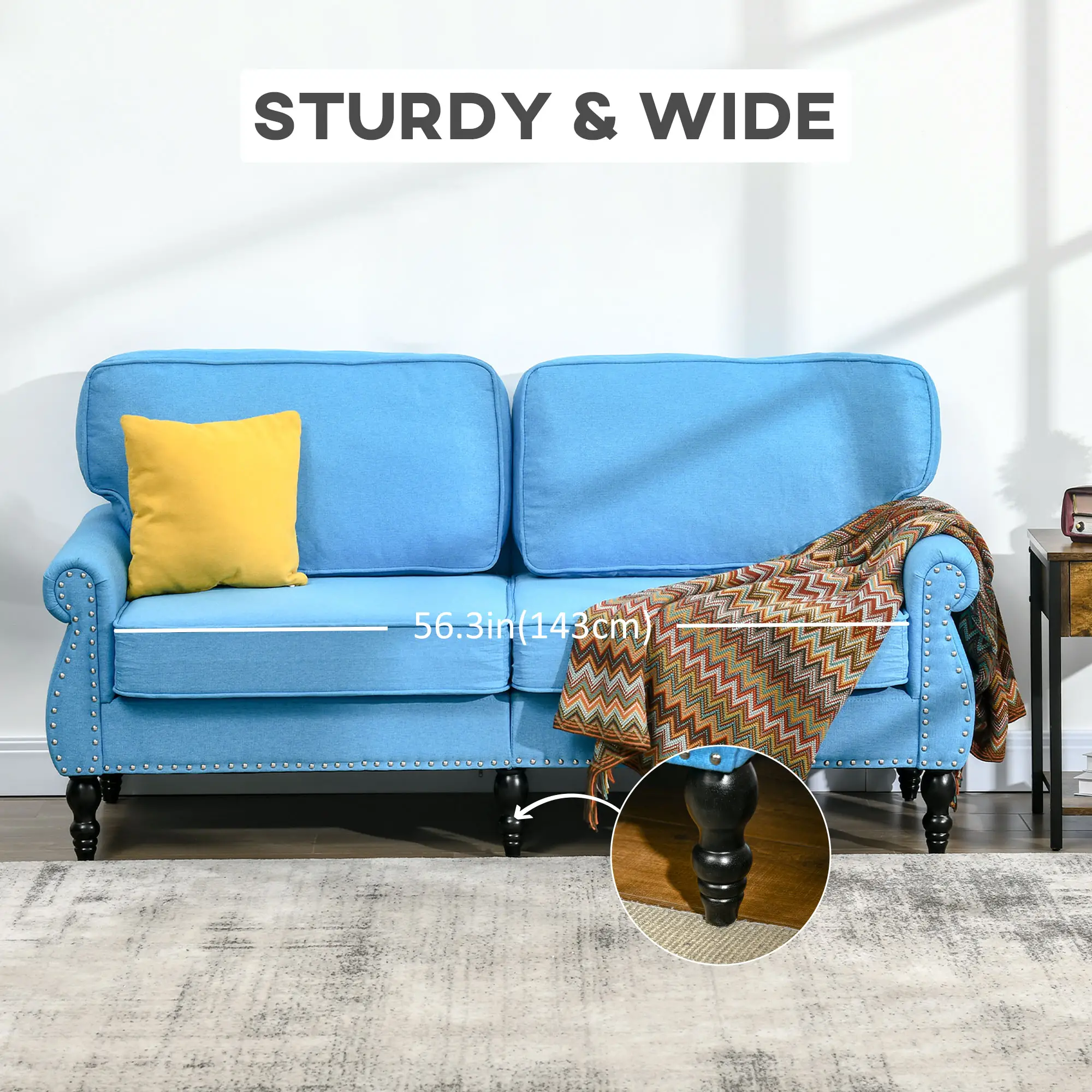 Traditional Style Double Sofa with Sponge Padding and Rubber Wood Leg, 2 Seater Nail Head Accent Loveseat for Living Room