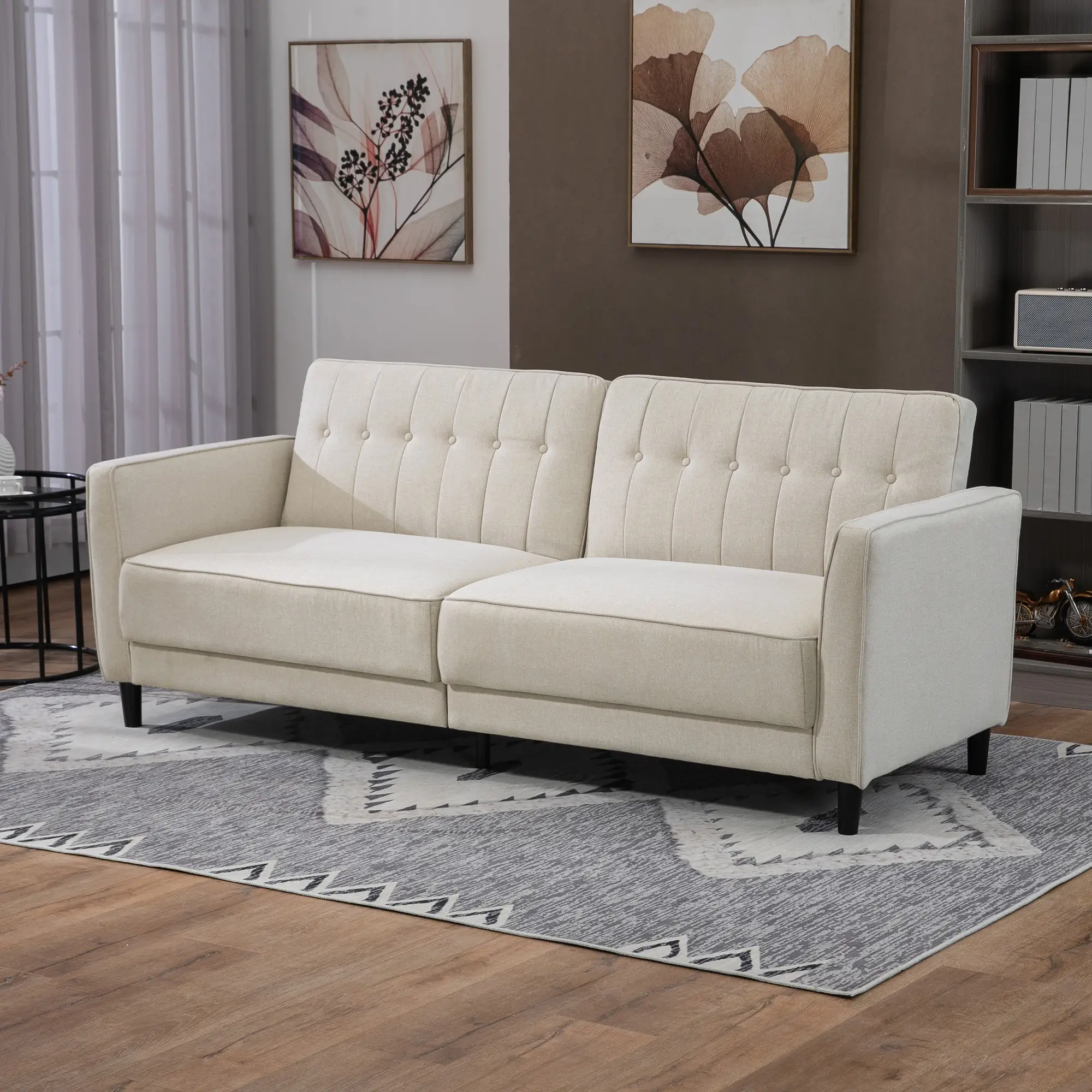 Convertible Bed with Couch, Button Tufted Fabric Sofa Bed with Adjustable Back for Living Room